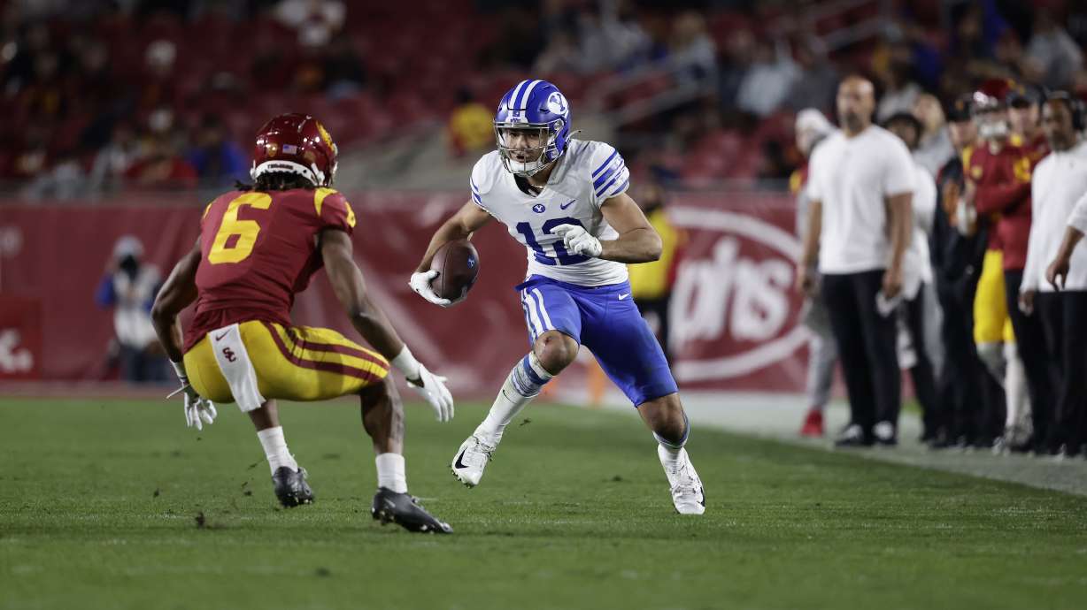 BYU wide receiver Puka Nacua catches a pass during the Cougars' regular-season finale at USC, Saturday, Nov. 27, 2021 in Los Angeles.
