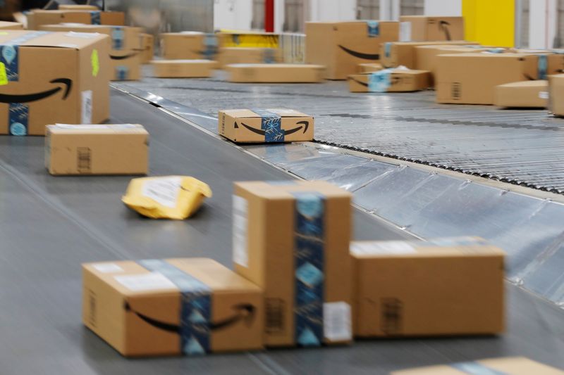 Amazon packages are transported by conveyor belts inside of an Amazon fulfillment center on Cyber Monday in Robbinsville, New Jersey, Dec. 2, 2019.