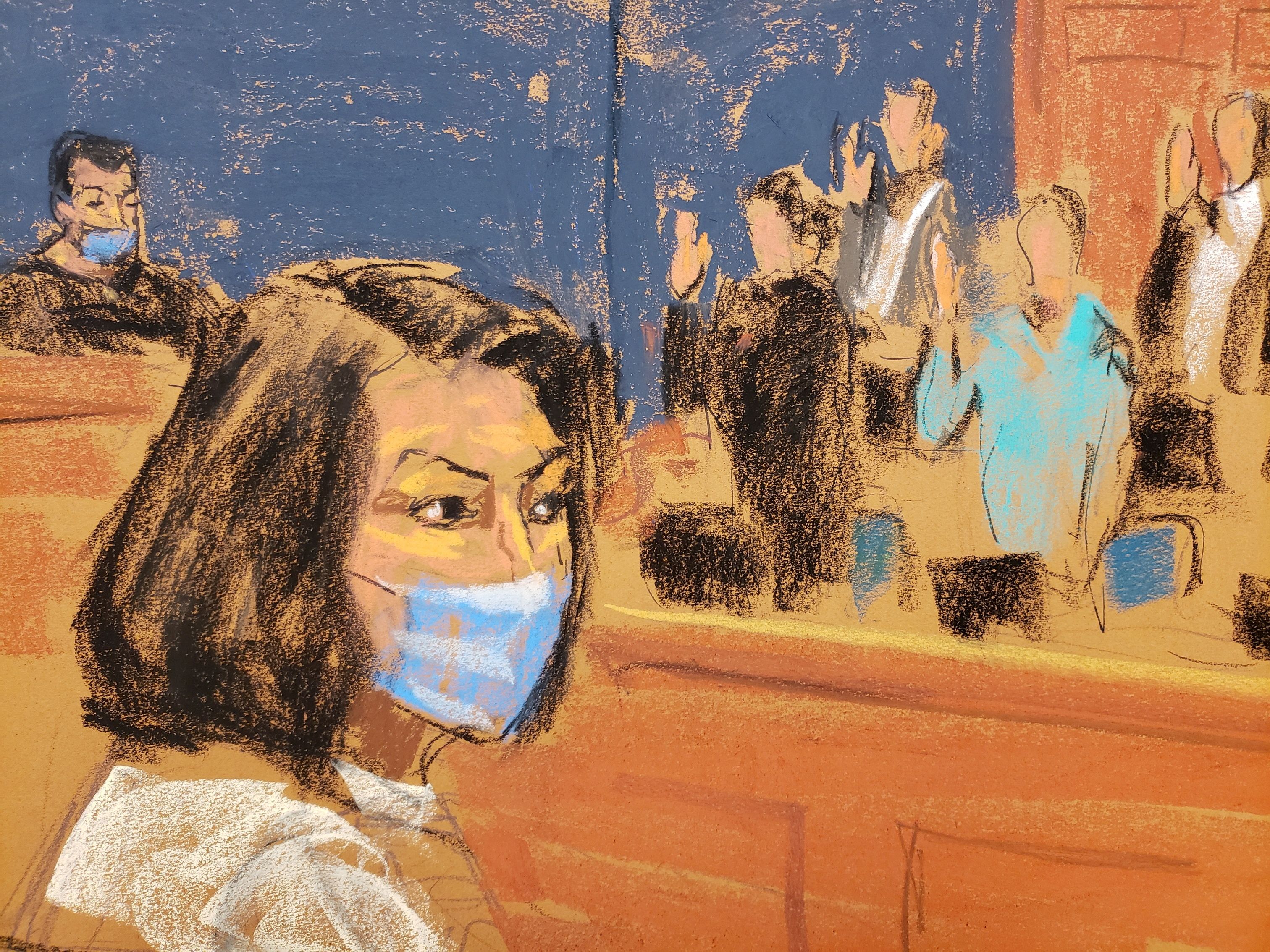 Ghislaine Maxwell sits as the jurors are sworn in at the start of her trial on charges of sex trafficking, in a courtroom sketch in New York City, Monday.