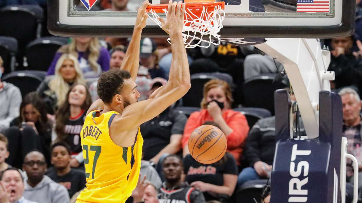 Utah Jazz center Rudy Gobert dunks the ball against Portland Trail Blazers during an NBA game at Vivint Arena in Salt Lake City on Monday, Nov. 29, 2021.