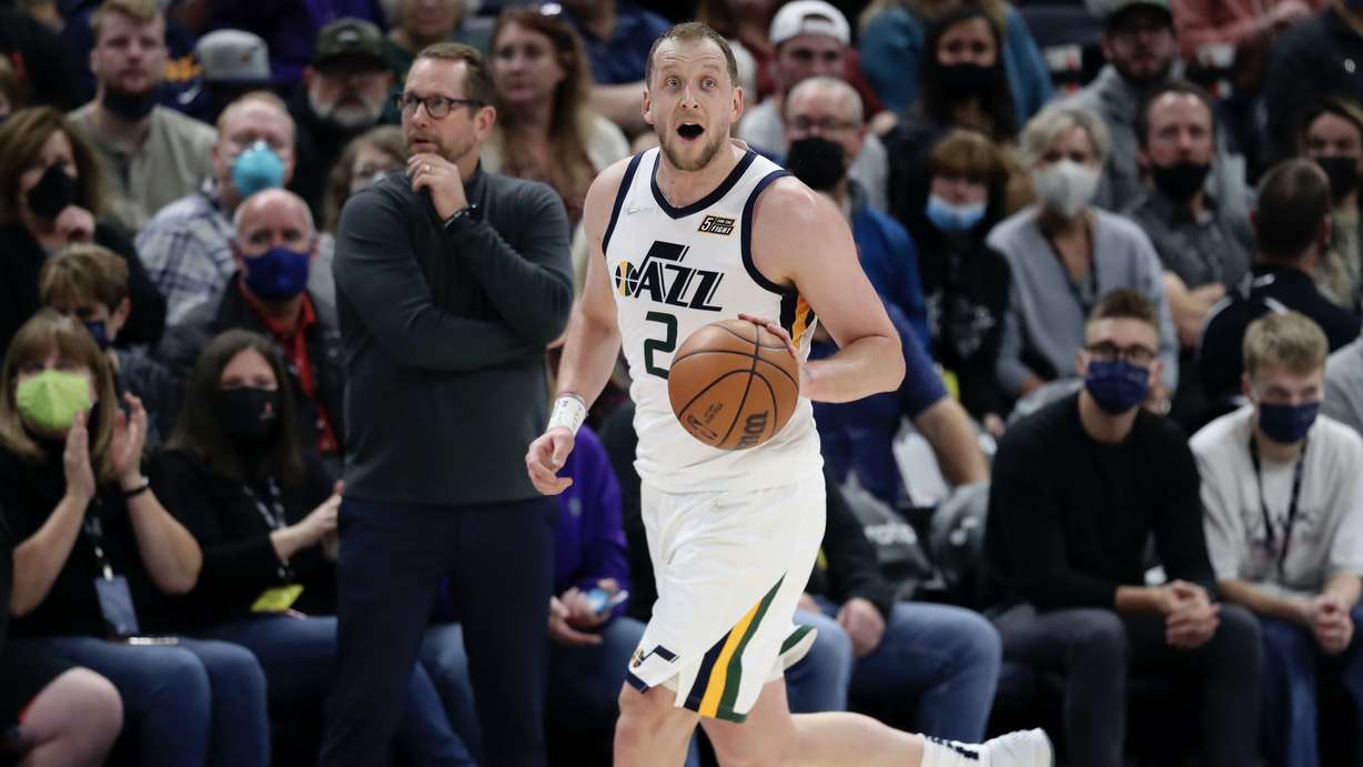 Utah Jazz guard Joe Ingles (2) dribbles in the game against the Toronto Raptors at Vivint Arena in Salt Lake City on Thursday, Nov. 18, 2021.