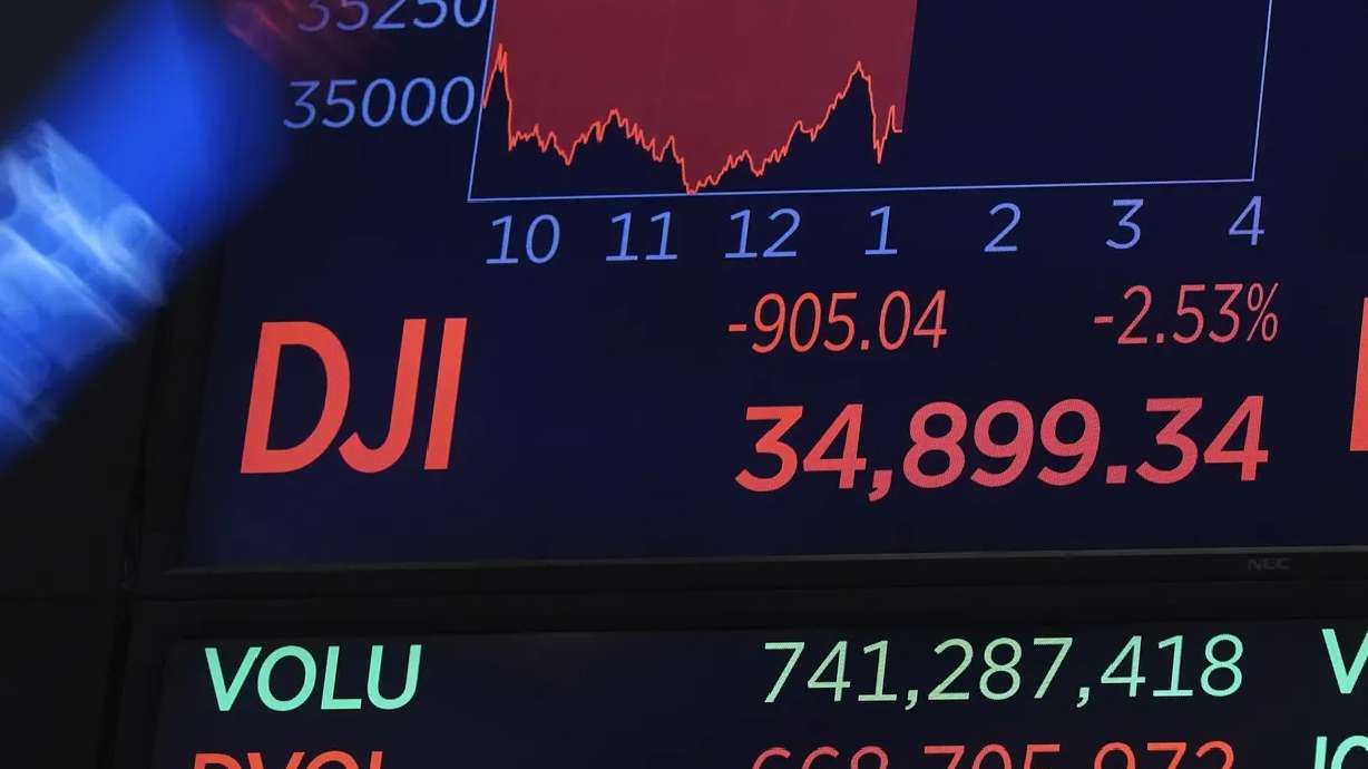 A screen above the floor of the New York Stock Exchange shows the closing number for the Dow Jones Industrial Average on Nov. 26. The Dow Jones, NASDAQ and New York Stock Exchange were all down over 1.5% after the close of regular trading on Tuesday, Nov. 30.