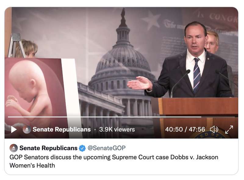 Sen. Mike Lee, R-Utah, speaks about abortion law at a
press conference in Washington, D.C., ahead of a U.S. Supreme Court
hearing on a Mississippi case.