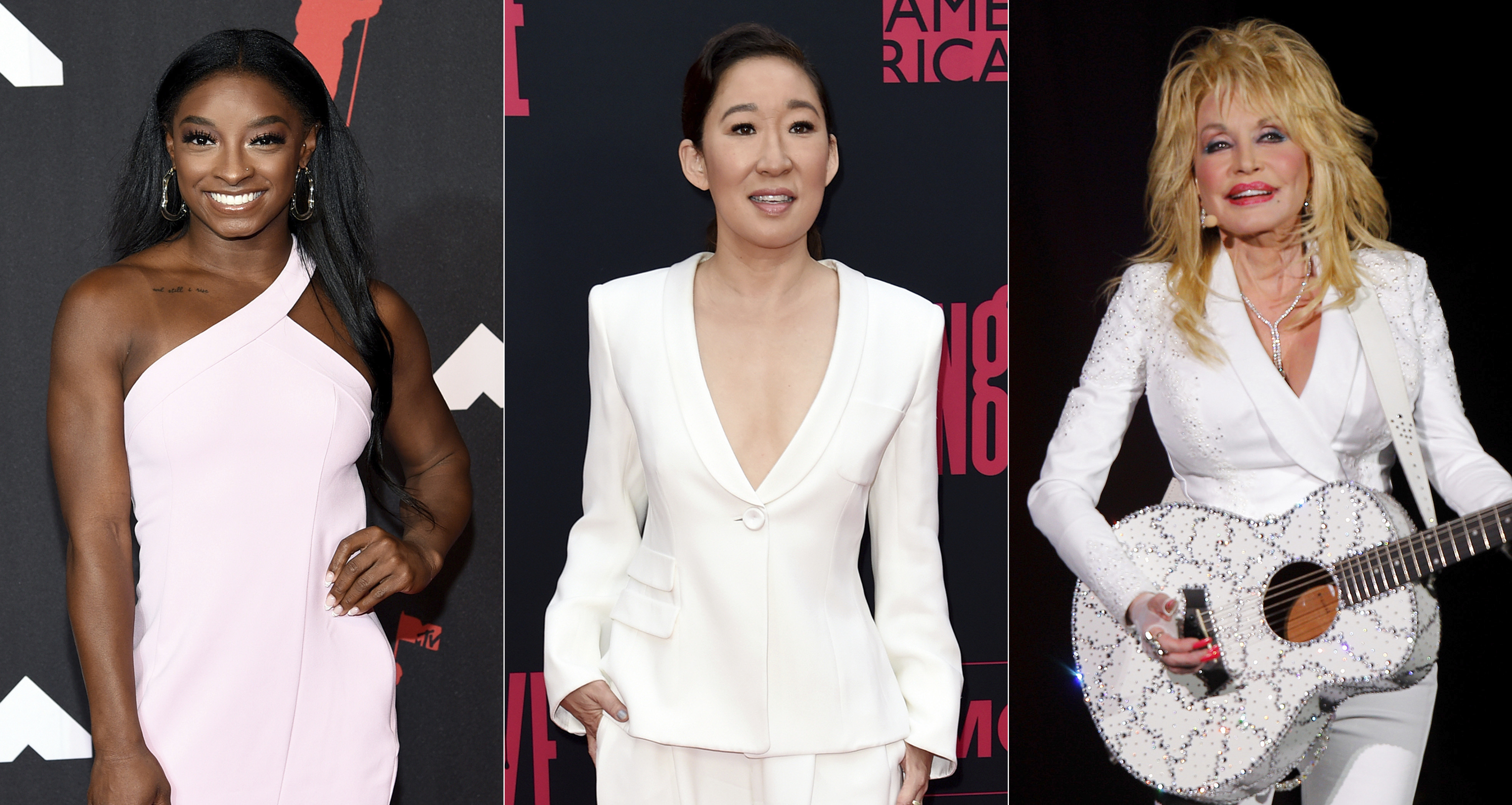 Olympic gymnast Simone Biles appears at the MTV Video Music Awards in New York on Sept. 12, left, actor Sandra Oh appears at the season two premiere of "Killing Eve" in Los Angeles on April 1, 2019, center, and Dolly Parton appears in concert in Nashville, Tenn., on July 31, 2015.