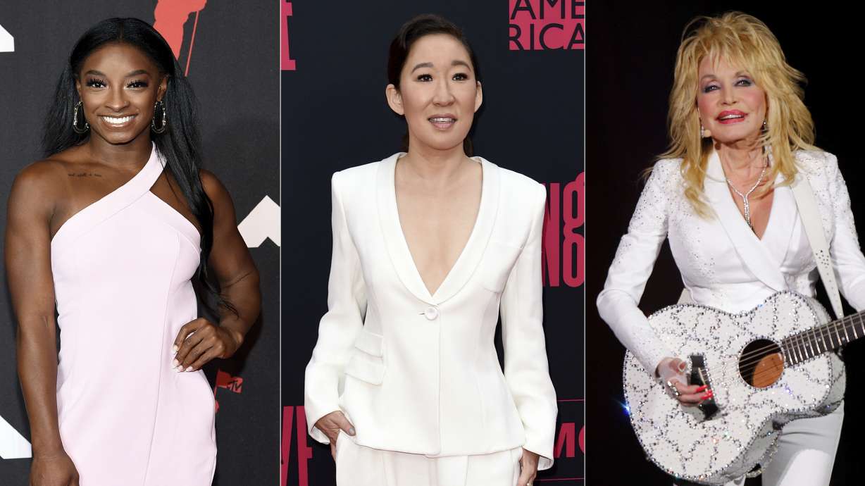 Olympic gymnast Simone Biles appears at the MTV Video Music Awards in New York on Sept. 12, left, actor Sandra Oh appears at the season two premiere of "Killing Eve" in Los Angeles on April 1, 2019, center, and Dolly Parton appears in concert in Nashville, Tenn., on July 31, 2015.