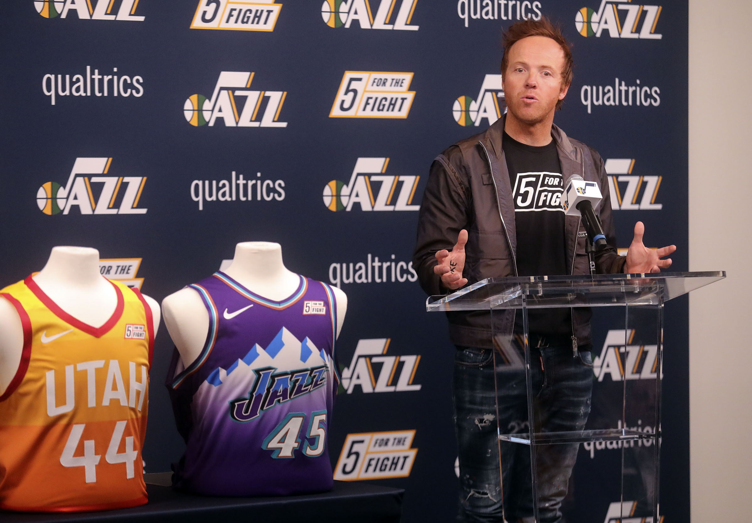 Ryan Smith, co-founder and CEO of Qualtrics and co-founder of 5 for the Fight, speaks during a press conference to announce that Qualtrics will sponsor the 5 for the Fight Utah Jazz jersey patch through the 2022-2023 season, at the Zions Bank Basketball Center in Salt Lake City on Monday, Oct. 21, 2019. The 5 for the Fight program is a global campaign encouraging everyone to donate $5 in the fight against cancer.