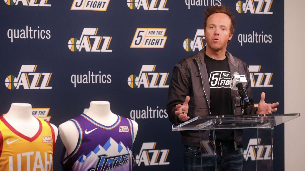 Ryan Smith, co-founder and CEO of Qualtrics and co-founder of 5 for the Fight, speaks during a press conference to announce that Qualtrics will sponsor the 5 for the Fight Utah Jazz jersey patch through the 2022-2023 season, at the Zions Bank Basketball Center in Salt Lake City on Monday, Oct. 21, 2019. The 5 for the Fight program is a global campaign encouraging everyone to donate $5 in the fight against cancer.