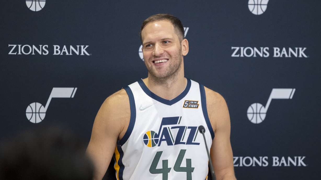 Utah Jazz forward Bojan Bogdanovic (44) talks during the Utah Jazz media day at Vivint Arena in Salt Lake City on Monday, Sept. 27, 2021.