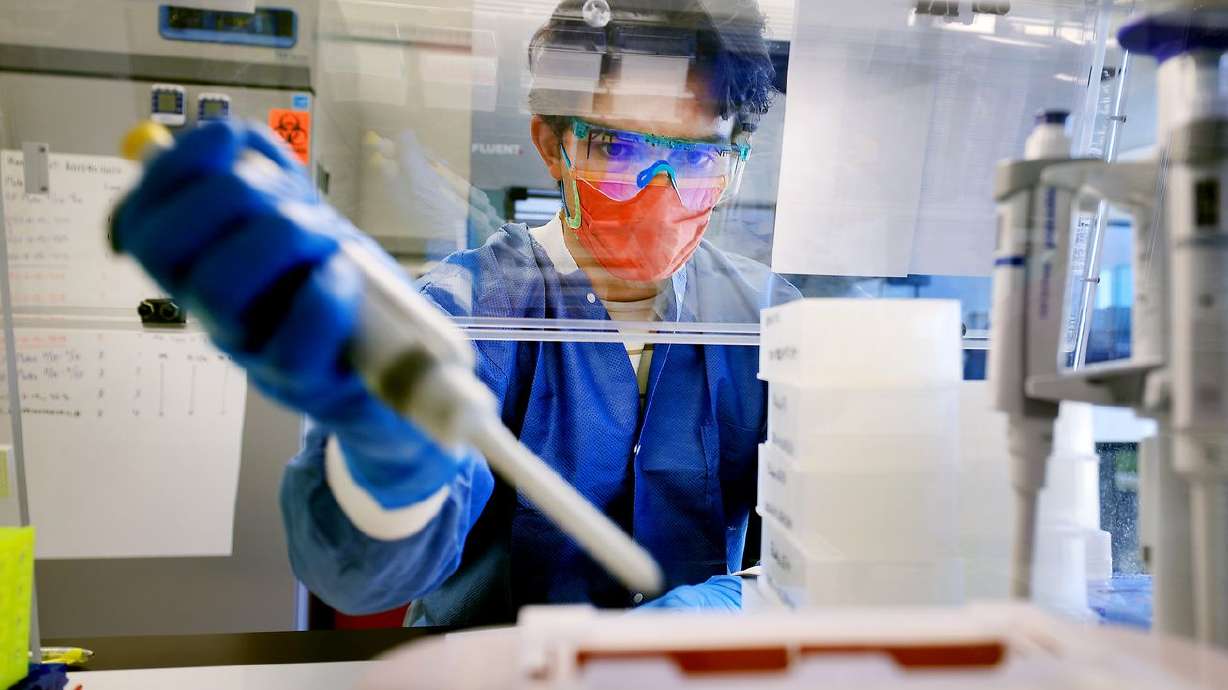 Microbiologist Samuel Philips sequences COVID-19
samples for variants at the Utah Public Health Laboratory in
Taylorsville on Monday.