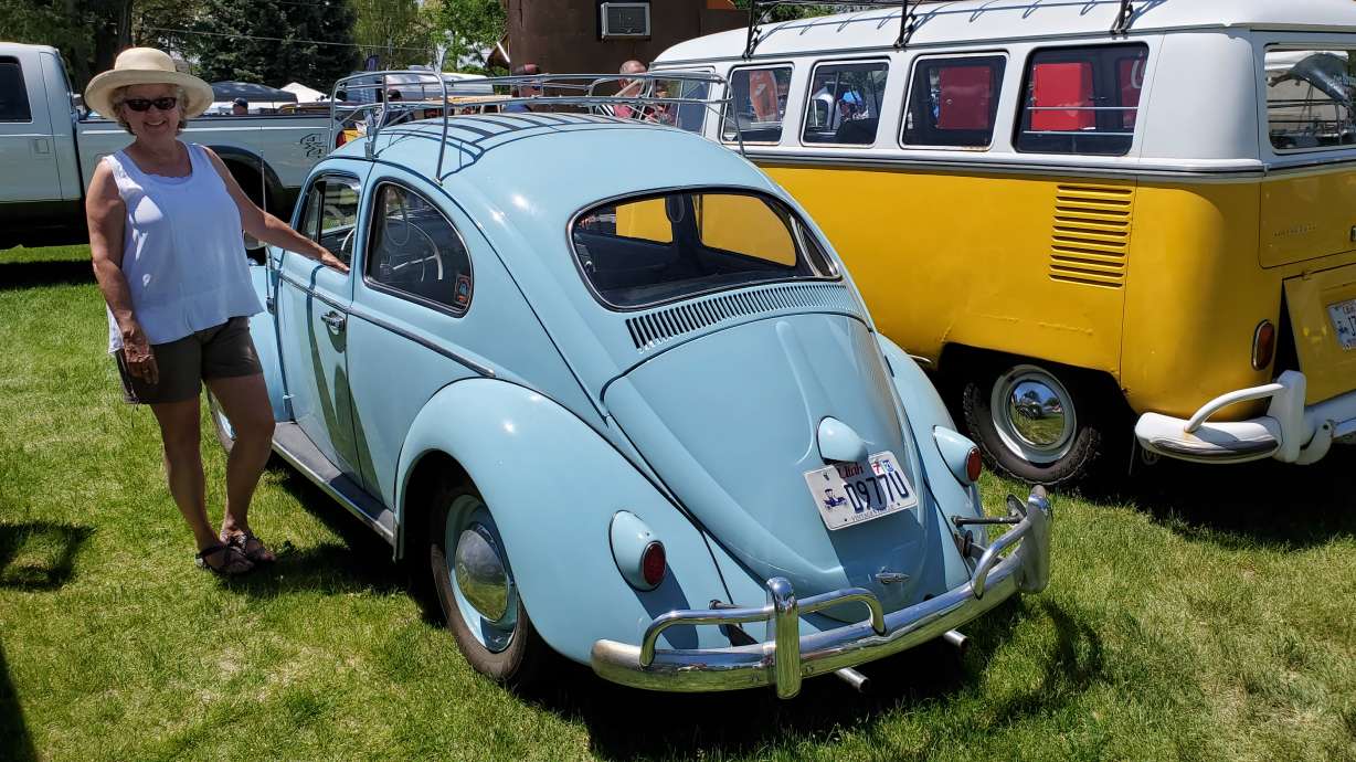Ann Argyle and her 1960 Volkswagen Beetle at the 2021 Rat Fink Car Show in Manti.