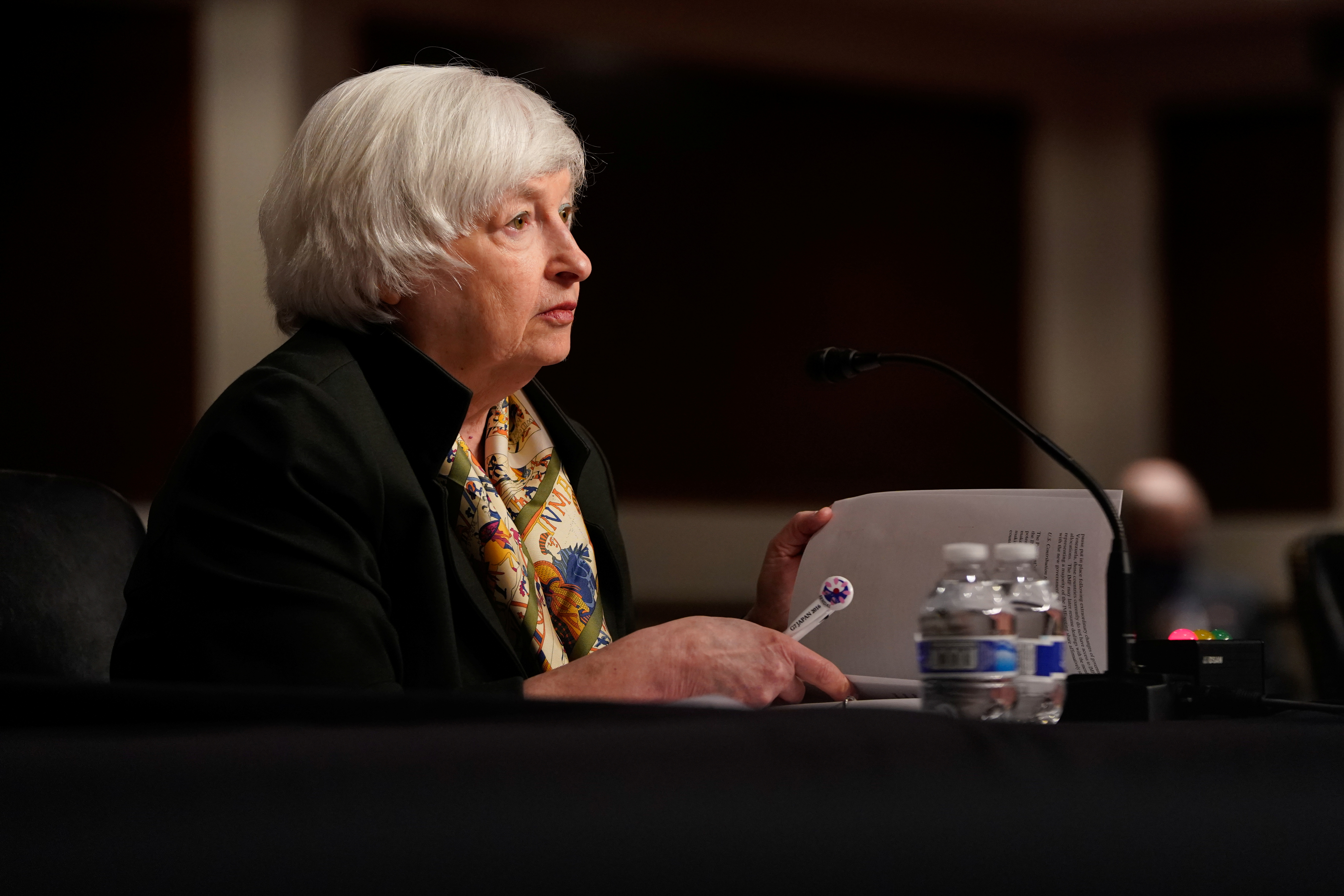 Treasury Secretary Janet Yellen pauses while testifying before a Senate Banking Committee hybrid hearing on oversight of the Treasury Department and the Federal Reserve on Capitol Hill in Washington on Tuesday.
