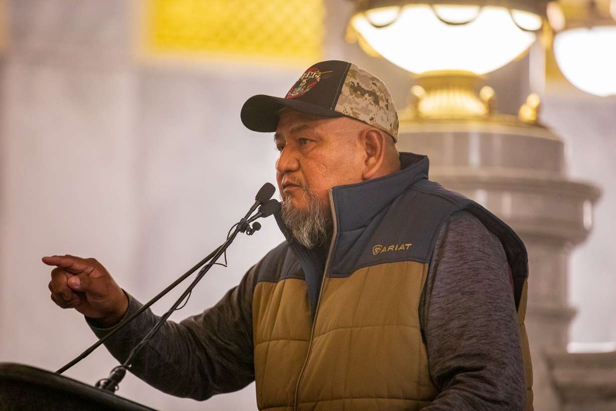 Davis Filfred, chairman of the Utah Dine Bikeyah Board, speaks at a rally at the Utah State Capitol on Thursday in support of the recent restoration of the Bears Ears and Grand Staircase-Escalante national monuments.