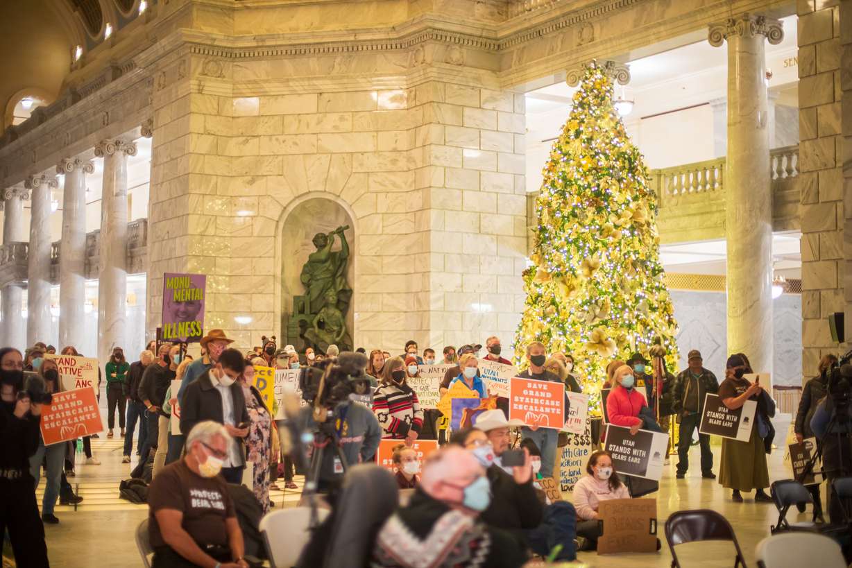 Supporters of the recent restoration of the Bears Ears and Grand Staircase-Escalante national monuments attend a rally at the Utah Capitol Thursday. The group wants to Utah to not challenge the decision in court.