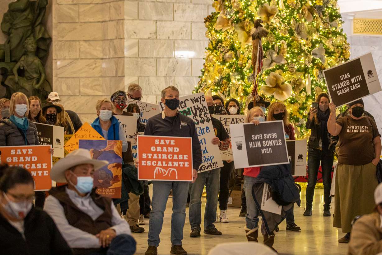 Supporters of President Joe Biden's restoration of the original Bears Ears and Grand Staircase-Escalante national monuments' sizes attend a rally at the Utah Capitol on Dec. 2, 2021.