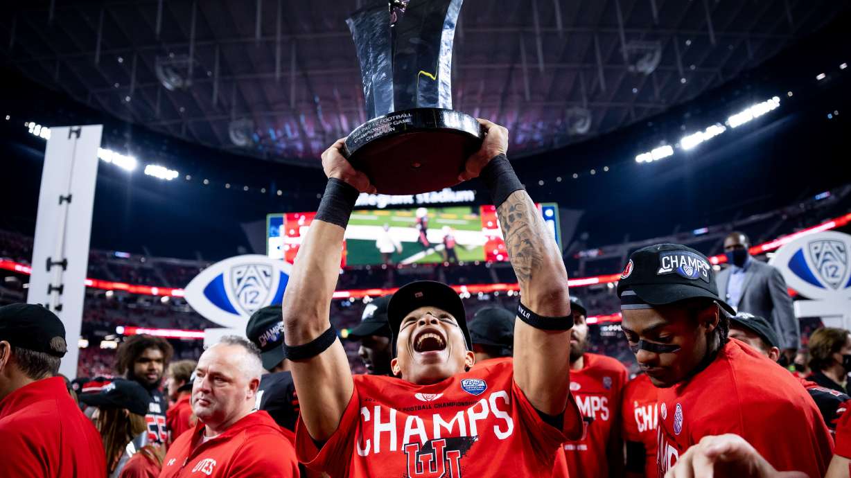 Utah Utes running back Micah Bernard (2) celebrates after Utah beat the Oregon Ducks in the Pac-12 championship game at Allegiant Stadium in Las Vegas on Friday, Dec. 3, 2021.