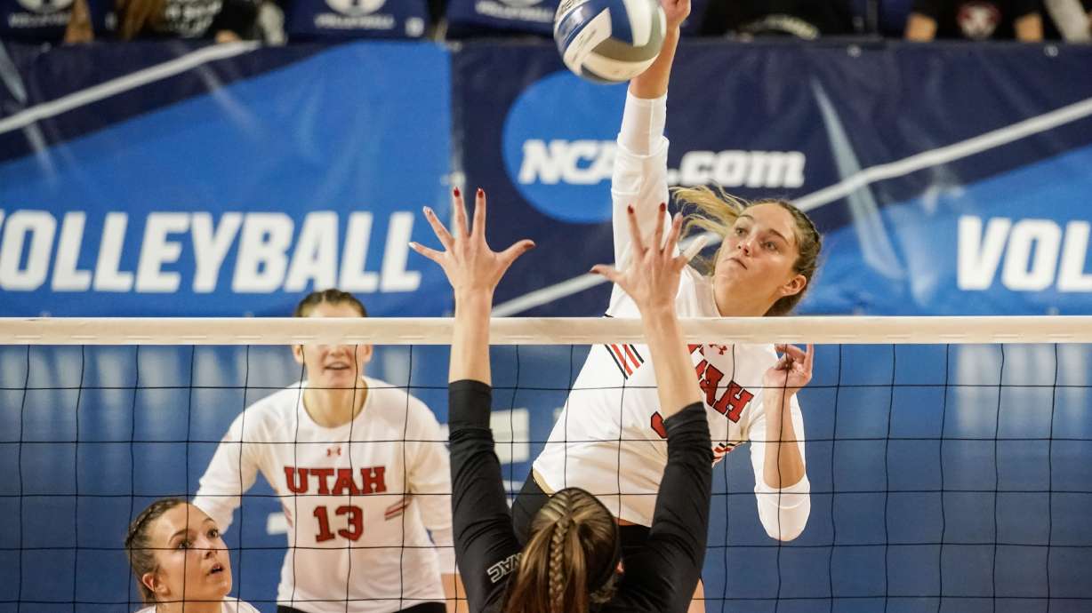 Utah’s Amelia Van Der Werff hits the ball against UVU in an NCAA volleyball game at Smith Fieldhouse in Provo on Friday, Dec. 3, 2021.