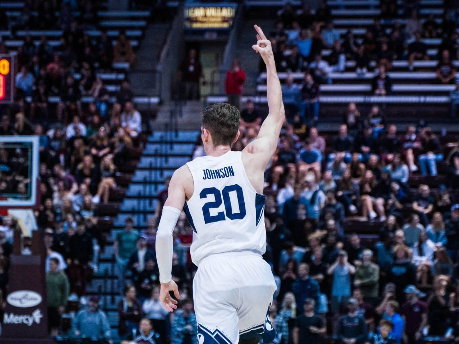 BYU guard Spencer Johnson celebrates after hitting a 3-pointer against Missouri State, Saturday, Dec. 4, 2021 at JHQ Arena in Springfield, Mo. 