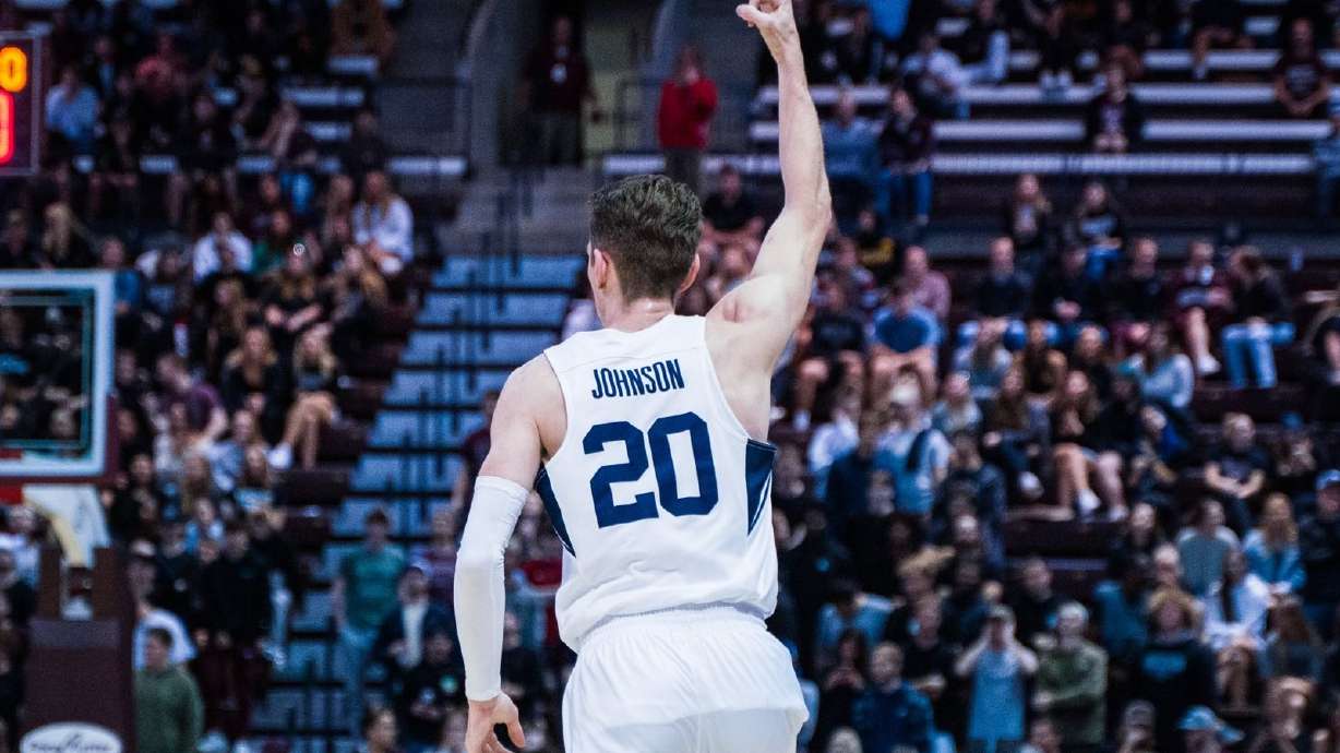 BYU guard Spencer Johnson celebrates after hitting a 3-pointer against Missouri State, Saturday, Dec. 4, 2021 at JHQ Arena in Springfield, Mo.