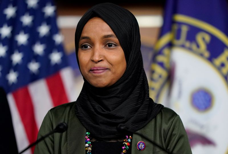 U.S. Rep. Ilhan Omar, D-Minn, attends a news conference addressing the anti-Muslim comments made by Rep. Lauren Boebert, R-Colo., toward Omar, on Capitol Hill in Washington on Nov. 30, 2021.