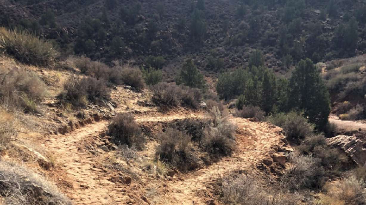 A trail meanders along the top of a mesa for a mile on tribal land in Springdale, Utah.