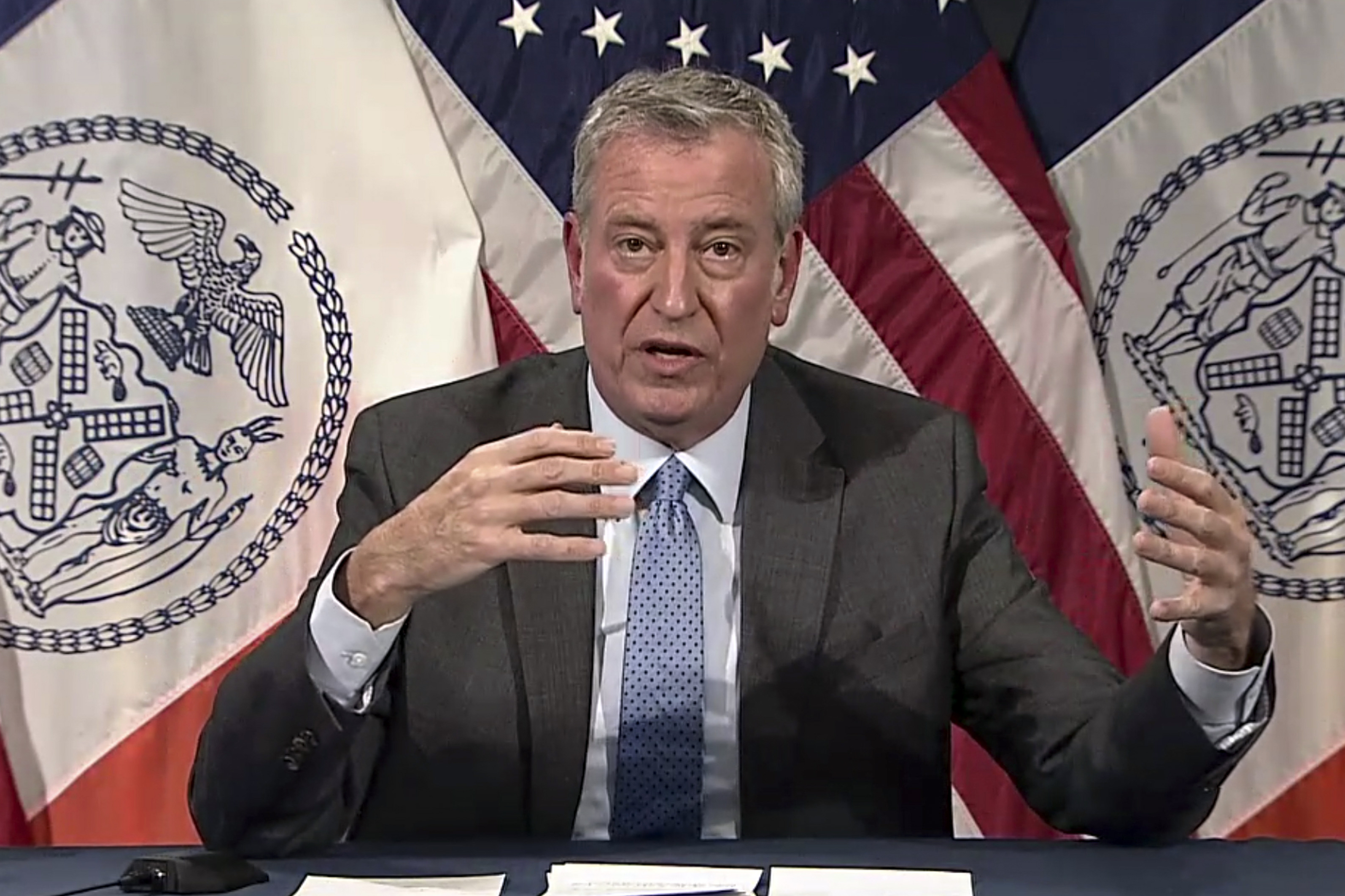 New York Mayor Bill de Blasio speaks during a virtual press conference, Dec. 2, in New York. All private employers in New York City will have to require their workers to get vaccinated against COVID-19, the mayor announced Monday.