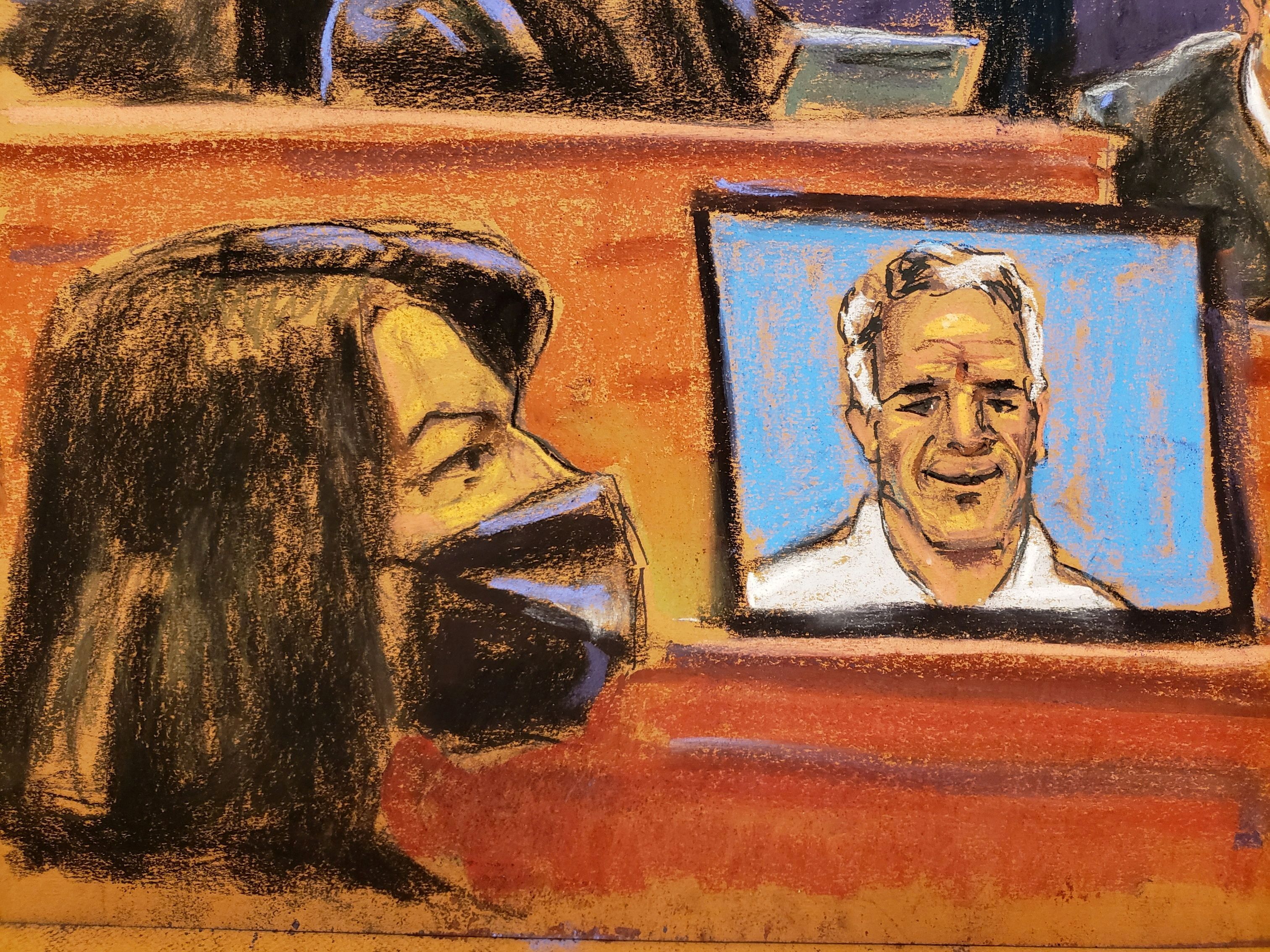 Ghislaine Maxwell, the Jeffrey Epstein associate accused of sex trafficking, attends her trial near an image of Epstein on a screen in a courtroom sketch in New York City, Thursday.