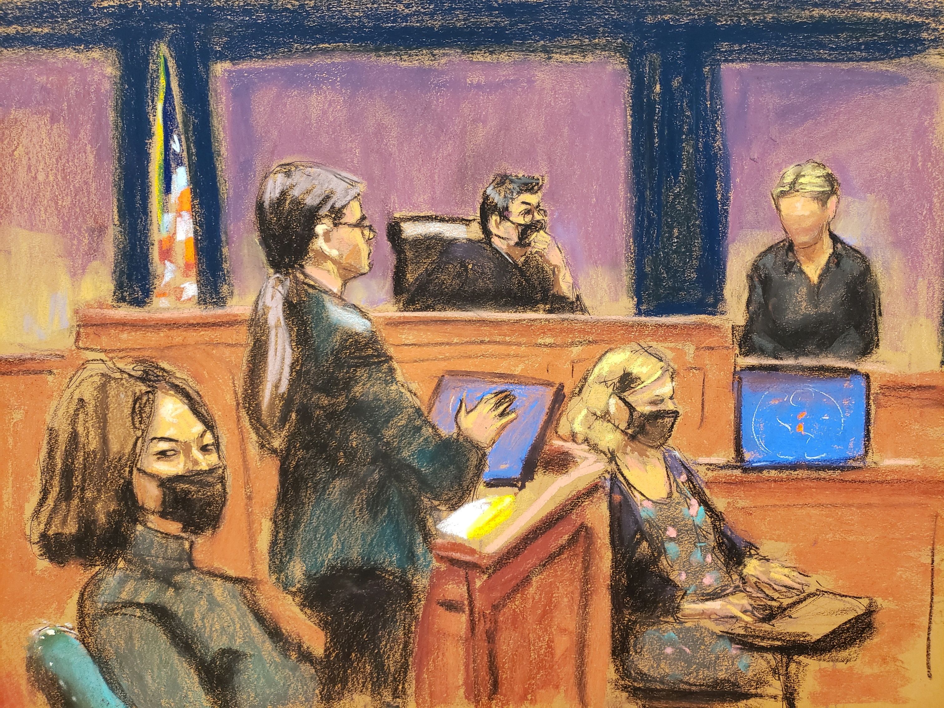 Witness "Kate" is questioned by prosecutor Lara Pomerantz during the trial of Ghislaine Maxwell, the Jeffrey Epstein associate accused of sex trafficking, in a courtroom sketch in New York City, Monday.
