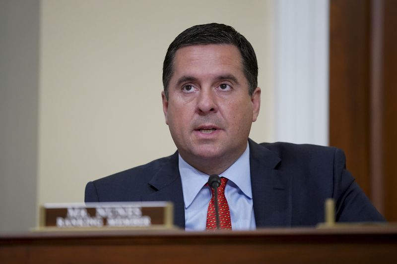 Representative Devin Nunes (R-CA) speaks during a House Intelligence Committee hearing on worldwide threats in Washington, D.C., U.S., April 15, 2021. Nunes, the top Republican on the House Intelligence Committee, will leave Congress to become chief executive officer of former President Donald Trump's new social media venture, the company said on Monday.