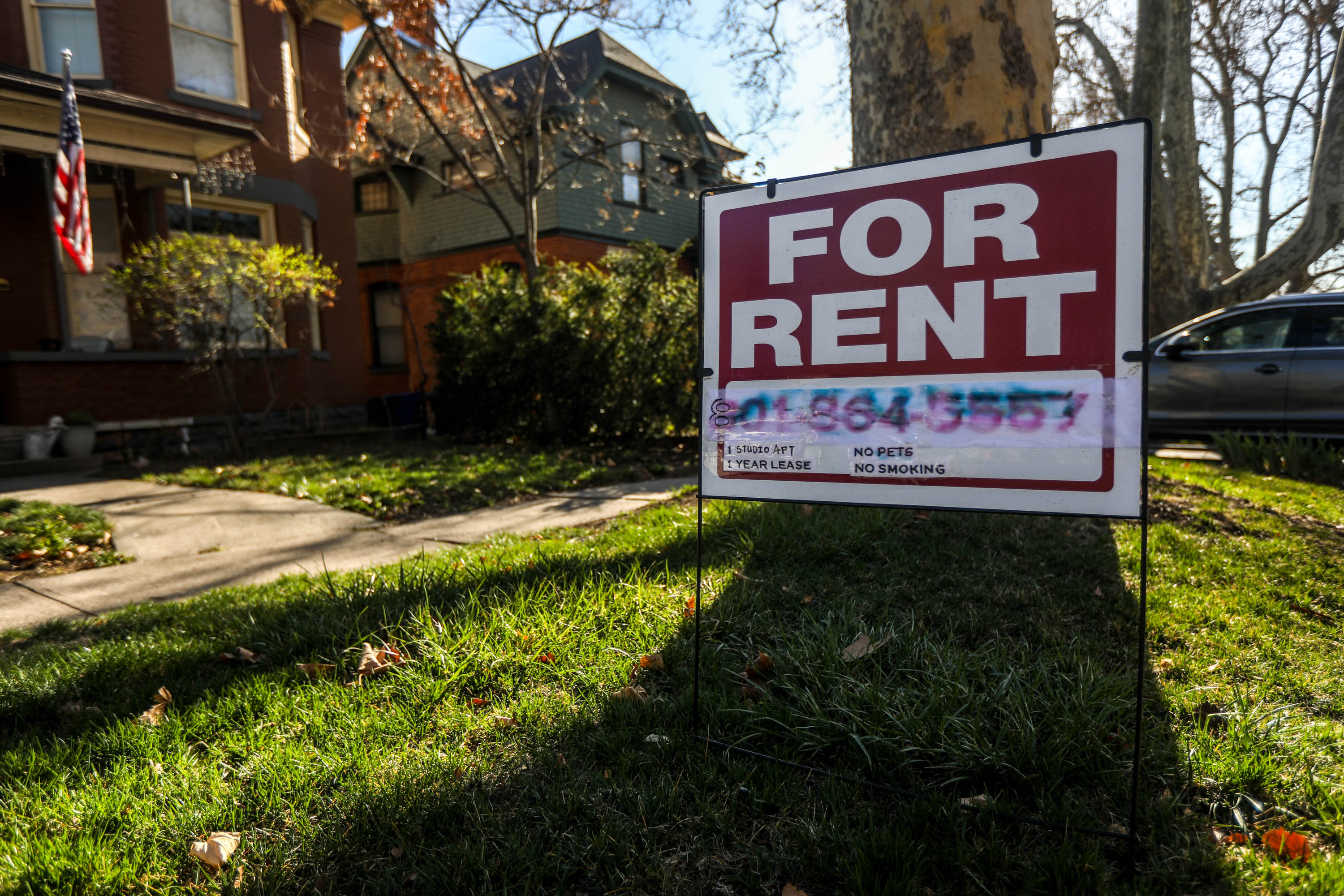 A "For Rent" sign in Salt Lake City is pictured on April 9. Utah announced Monday that it has distributed $100 million since March to help renters unable to pay rent and utilities because of the pandemic.