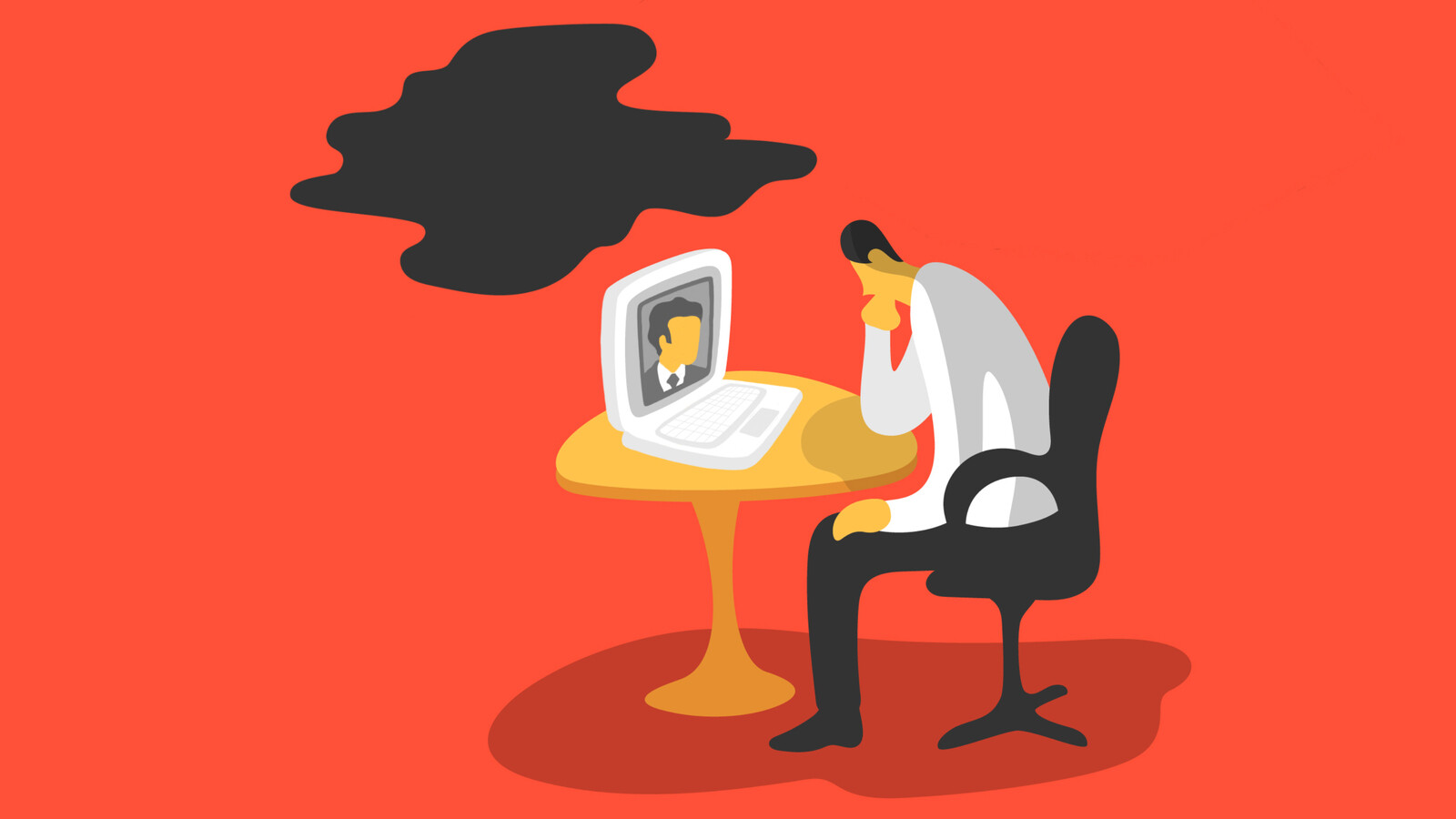 A graphic shows a man sulking at his desk while working from home.