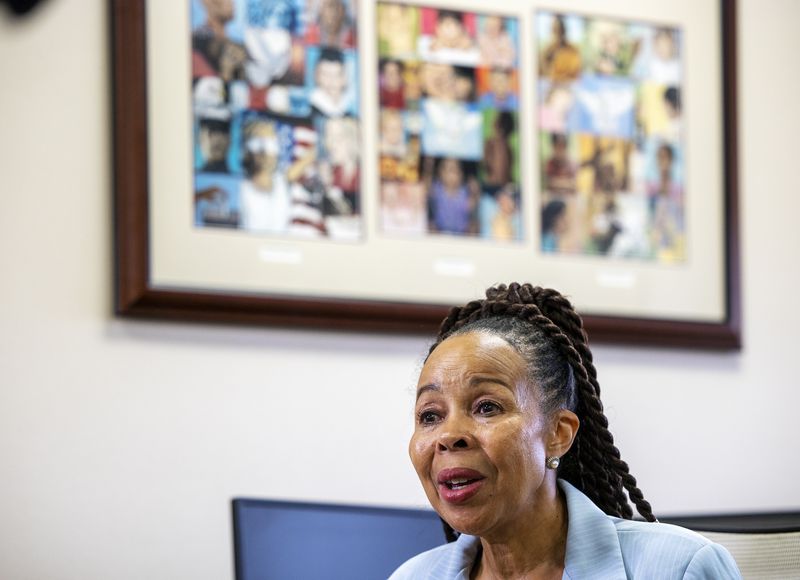Davis School District assistant superintendent
Jacqueline "Jackie” Thompson, once retired, has returned to the
school district to lead its response to a Department of Justice
investigation that found "serious and widespread racial
harassment.” Thompson poses for a photo between talking with
different media outlets throughout the day on Monday, Dec. 6,
2021.