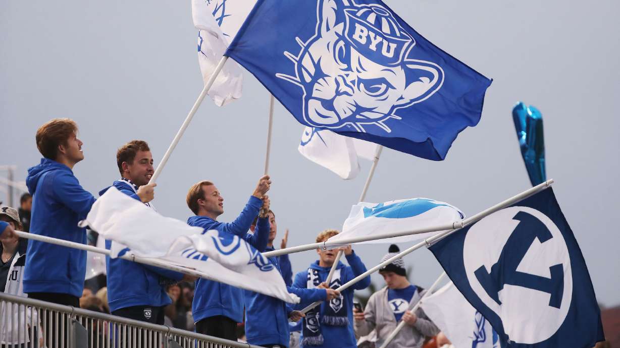 BYU fans cheer prior to the NCAA national women's soccer championship at Stevens Stadium at Santa Clara University in Santa Clara, California, on Monday, Dec. 6, 2021.