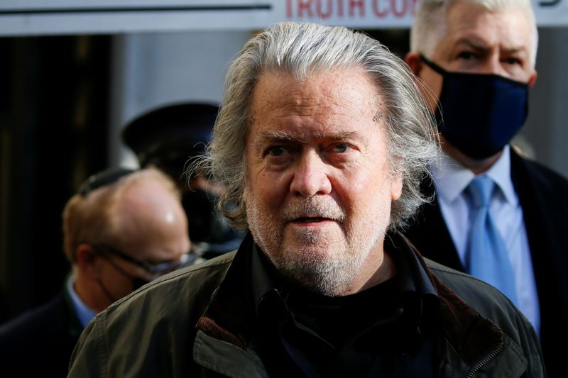 Steve Bannon, talk show host and former White House advisor to former President Donald Trump, leaves an appearance in U.S. District Court after being indicted for refusal to comply with a congressional subpoena over the Jan. 6 attacks on the U.S. Capitol in Washington, Nov. 15.