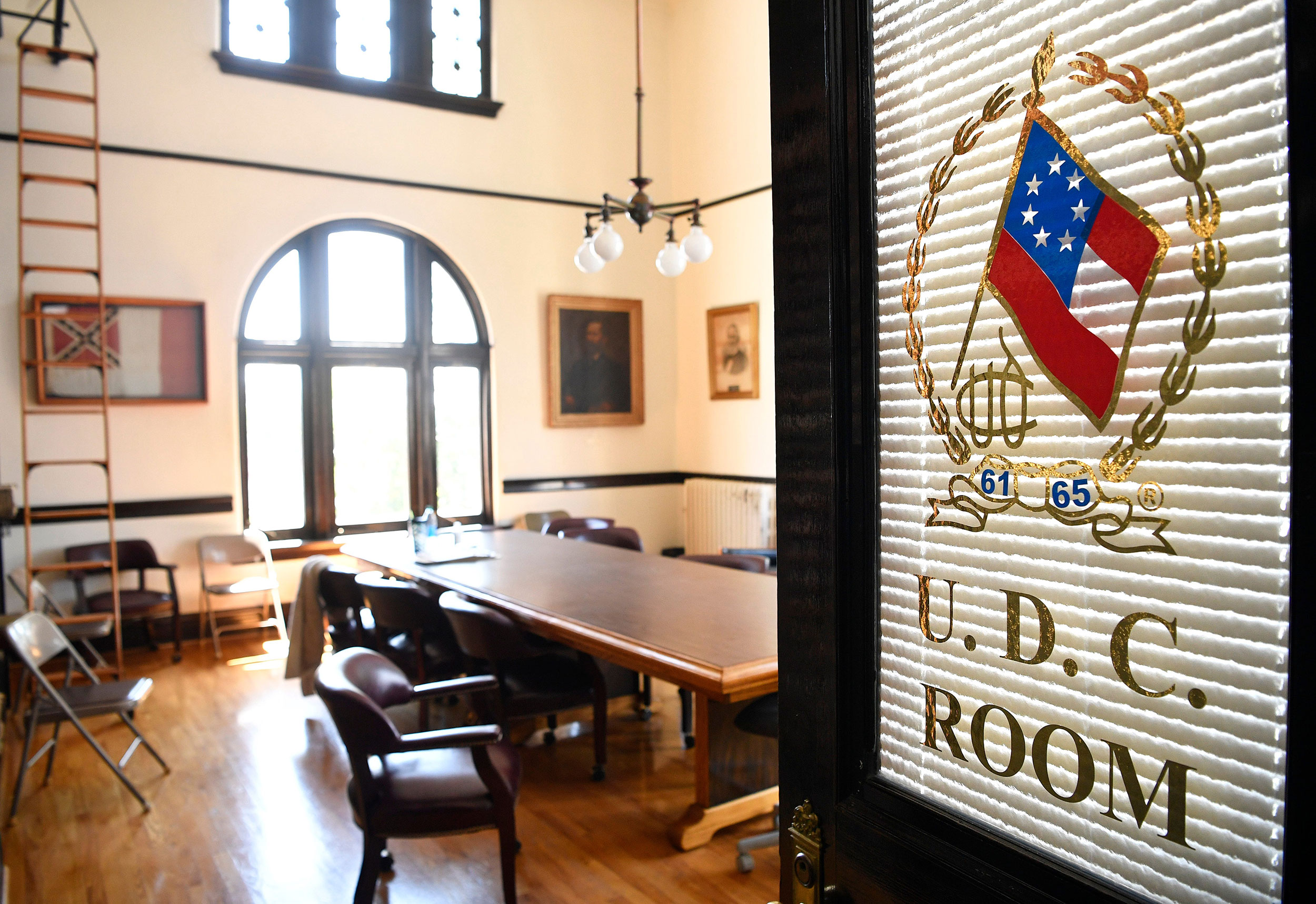 The United Daughters of the Confederacy room is decorated with a Confederate flag, a portrait of Jefferson Davis and other Southern memorabilia in a courthouse Pulaski, Tenn., Aug. 13, 2020. 