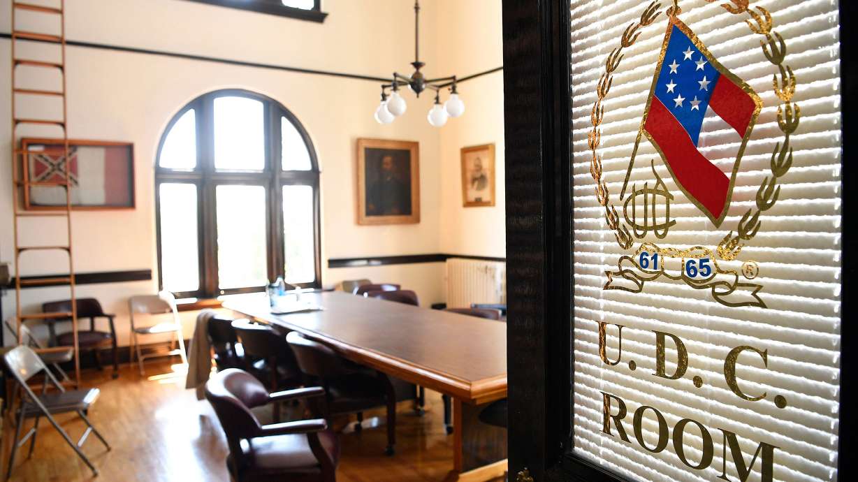 The United Daughters of the Confederacy room is decorated with a Confederate flag, a portrait of Jefferson Davis and other Southern memorabilia in a courthouse Pulaski, Tenn., Aug. 13, 2020.