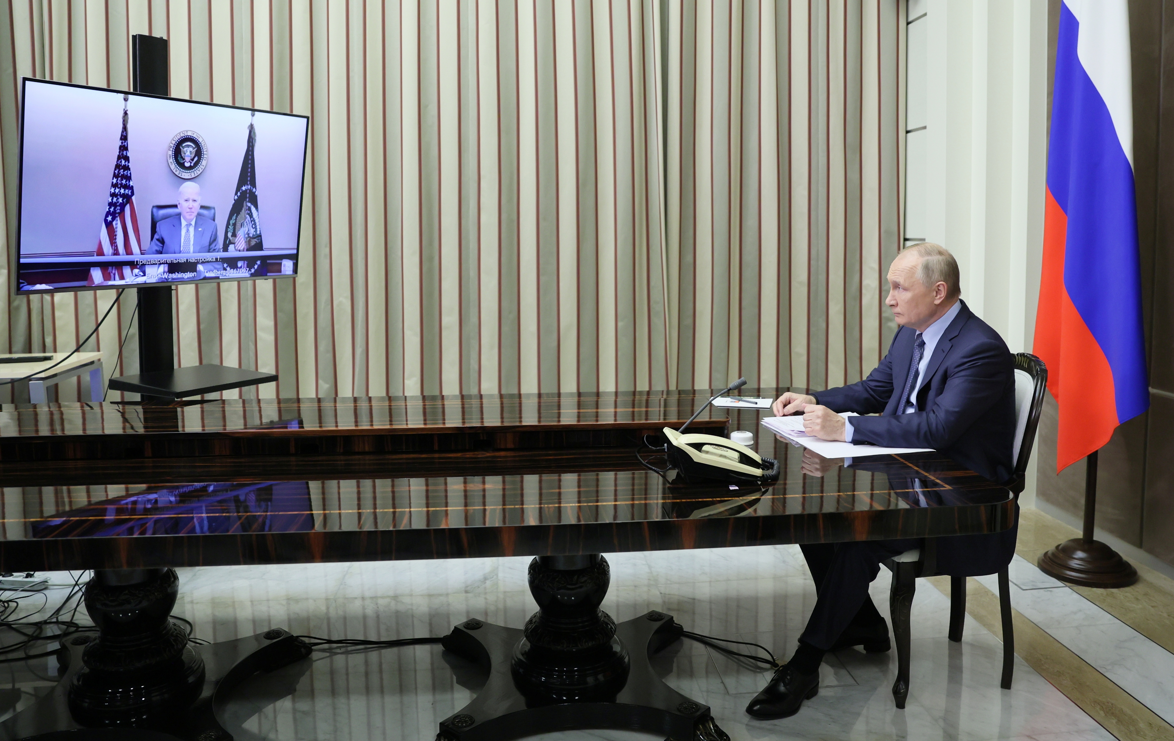 Russian President Vladimir Putin holds talks with U.S. President Joe Biden via a video link in Sochi, Russia, Tuesday.