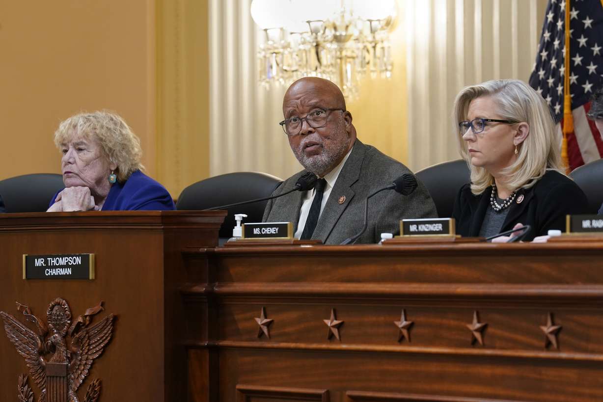 House Jan. 6 Select Committee Chairman Bennie Thompson, D-Miss., center, flanked by Rep. Zoe Lofgren, D-Calif., left, and Vice Chair Liz Cheney, R-Wyo., meet Dec. 1, at the Capitol in Washington.