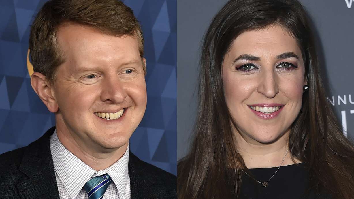 Ken Jennings appears at the 2020 ABC Television Critics Association Winter Press Tour in Pasadena, Calif., on Jan. 8, 2020, left, and actress Mayim Bialik appears at the 23rd annual Critics' Choice Awards in Santa Monica, Calif., on Jan. 11, 2018.