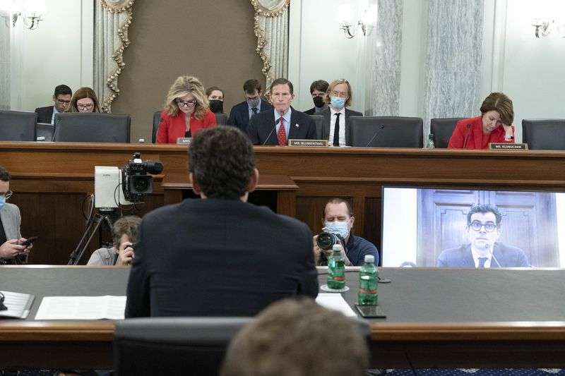 Chairman Sen. Richard Blumenthal, D-Conn., ranking
member Sen. Marsha Blackburn, R-Tenn., left, and Sen. Amy
Klobuchar, D-Minn., listen as Adam Mosseri, the head of Instagram,
testifies before the Senate Commerce, Science, and Transportation
Subcommittee on Consumer Protection, Product Safety, and Data
Security hearing in Washington on Wednesday.
