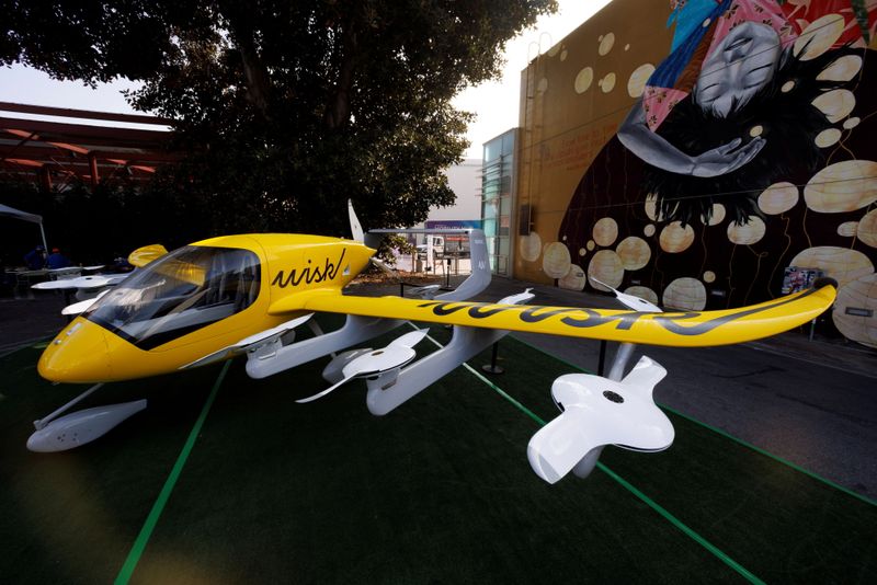 The Wisk aircraft, a joint venture between Boeing and Kitty Hawk, is shown on display at the innovative transportation and technology conference CoMotion LA in Los Angeles, California, on Nov. 16.