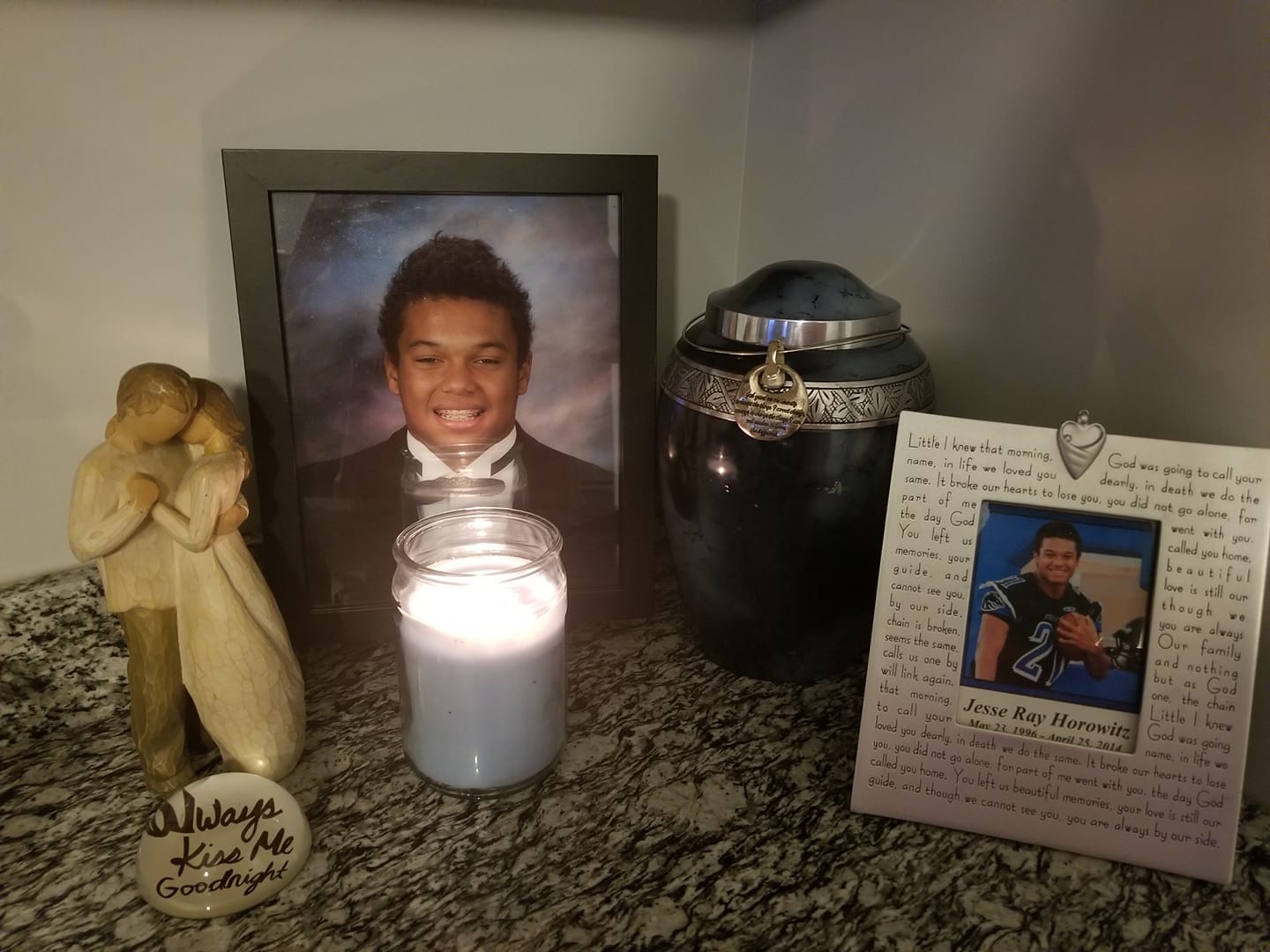 Photos of Jesse Horowitz, who was killed in 2014, are set out as a remembrance.