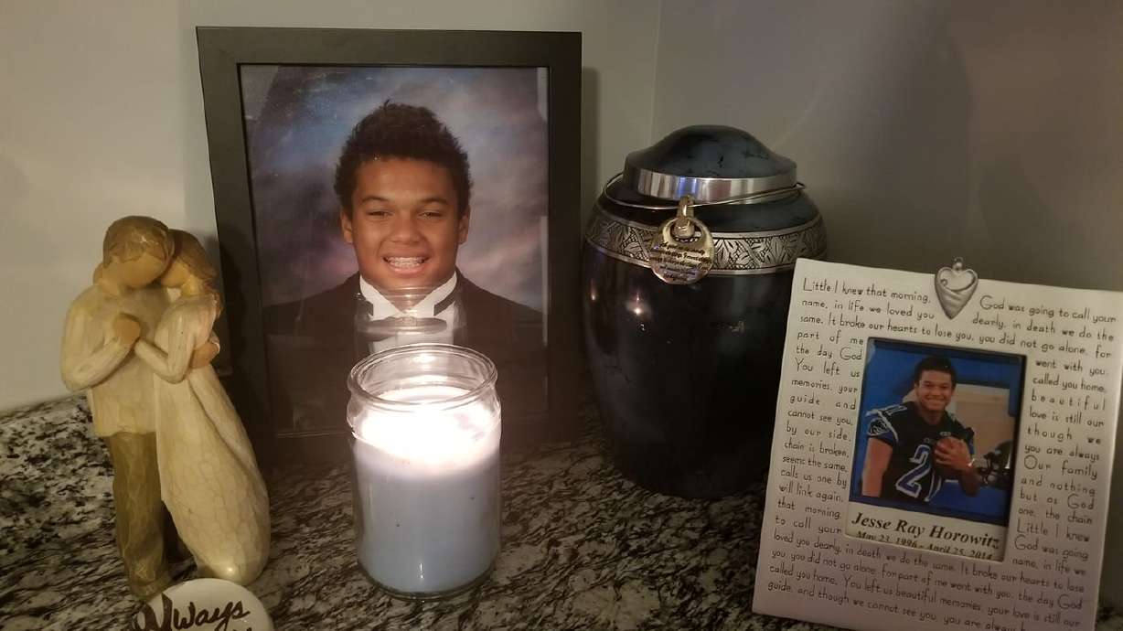 Photos of Jesse Horowitz, who was killed in 2014, are set out as a remembrance.