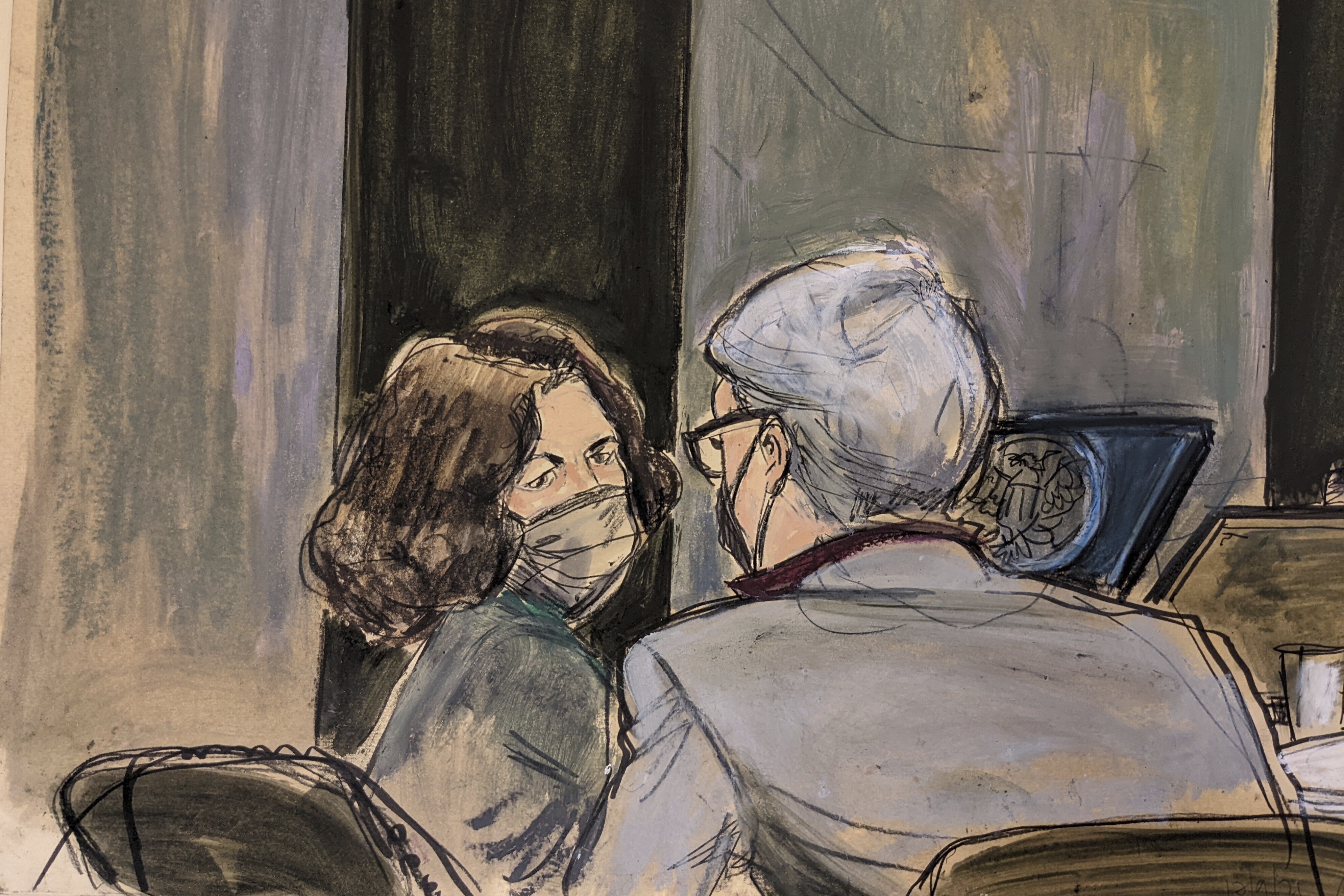 This courtroom sketch shows Ghislaine Maxwell, left, conferring with her defense attorney Bobbi Sternheim before the start of her sex abuse trial Thursday, in New York. 