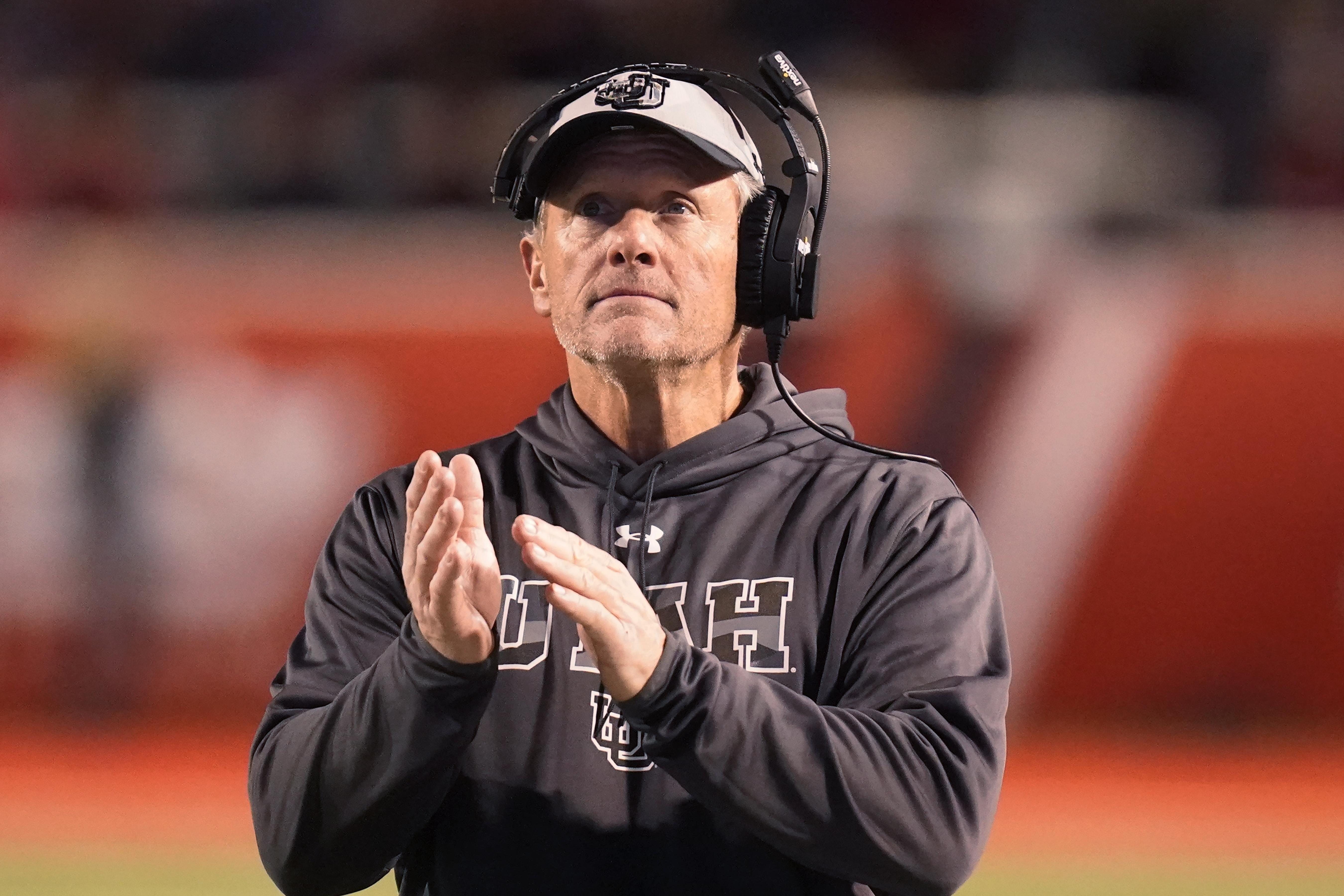 Utah head coach Kyle Whittingham looks on in the second half during an NCAA college football game against Oregon Saturday, Nov. 20, 2021, in Salt Lake City.