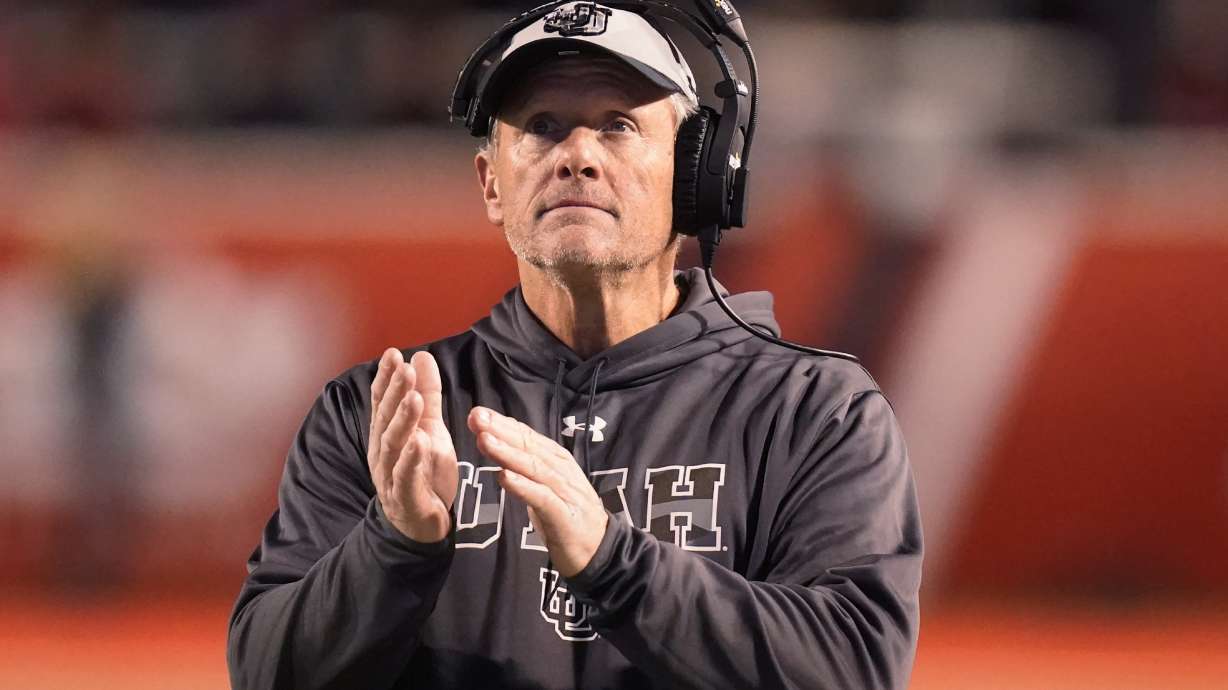 Utah head coach Kyle Whittingham looks on in the second half during an NCAA college football game against Oregon Saturday, Nov. 20, 2021, in Salt Lake City.
