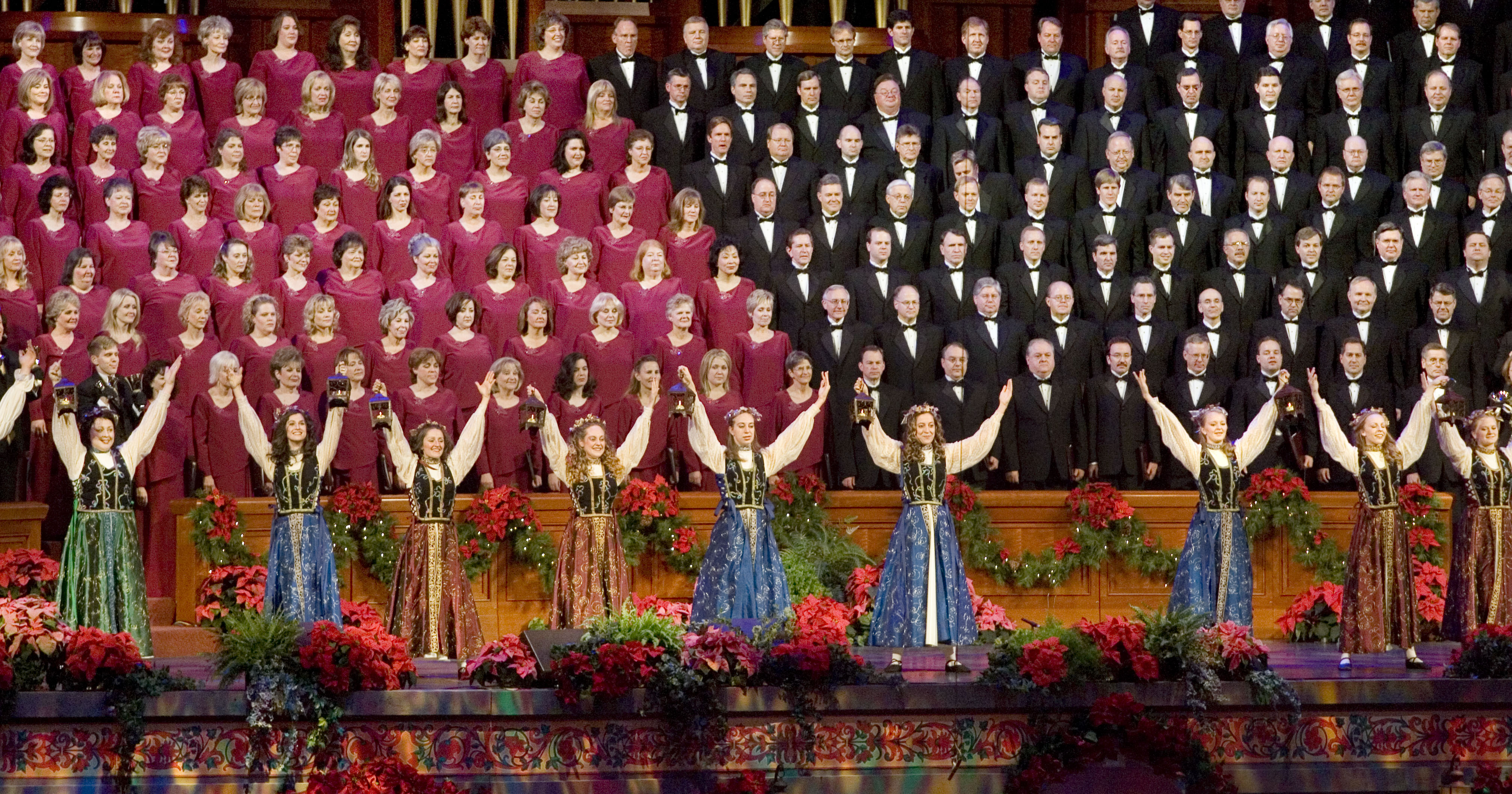 Dancers and the Mormon Tabernacle Choir entertain the audience at the LDS Conference Center during the Christmas with The Mormon Tabernacle Choir concert in Salt Lake City, Dec. 15, 2006.