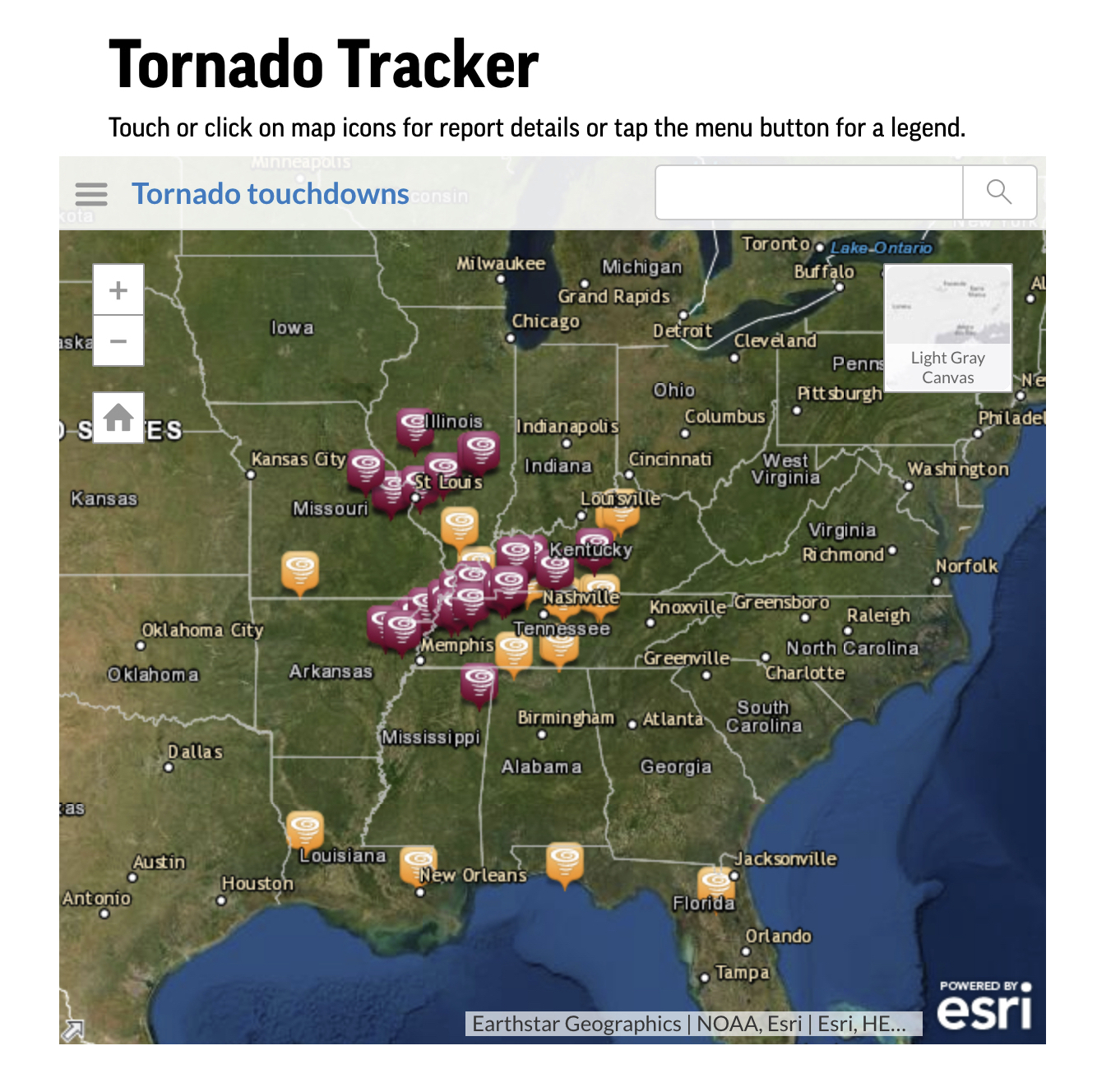 This preview image of a digital tracker shows marks recent tornado touchdowns as recorded by the National Weather Service. This tracker dynamically updates as the latest NOAA data is released.