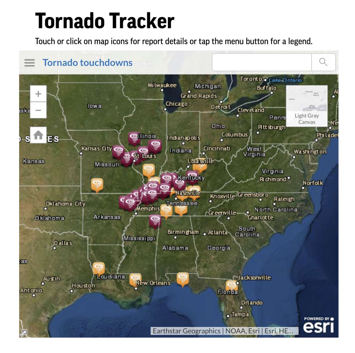 This preview image of a digital tracker shows marks recent tornado touchdowns as recorded by the National Weather Service. This tracker dynamically updates as the latest NOAA data is released.