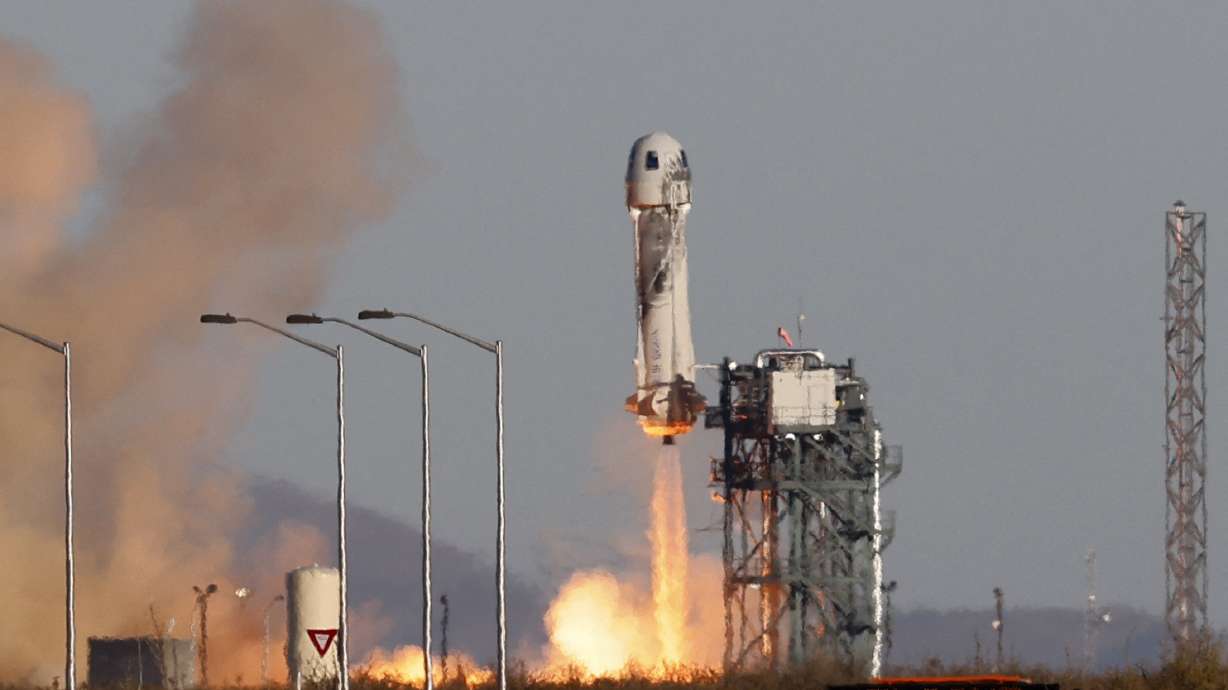 A Blue Origin New Shepard rocket lifts off with a crew of six, including Laura Shepard Churchley, the daughter of the first American in space Alan Shepard, for whom the spacecraft is named, from Launch Site One in west Texas, Saturday.