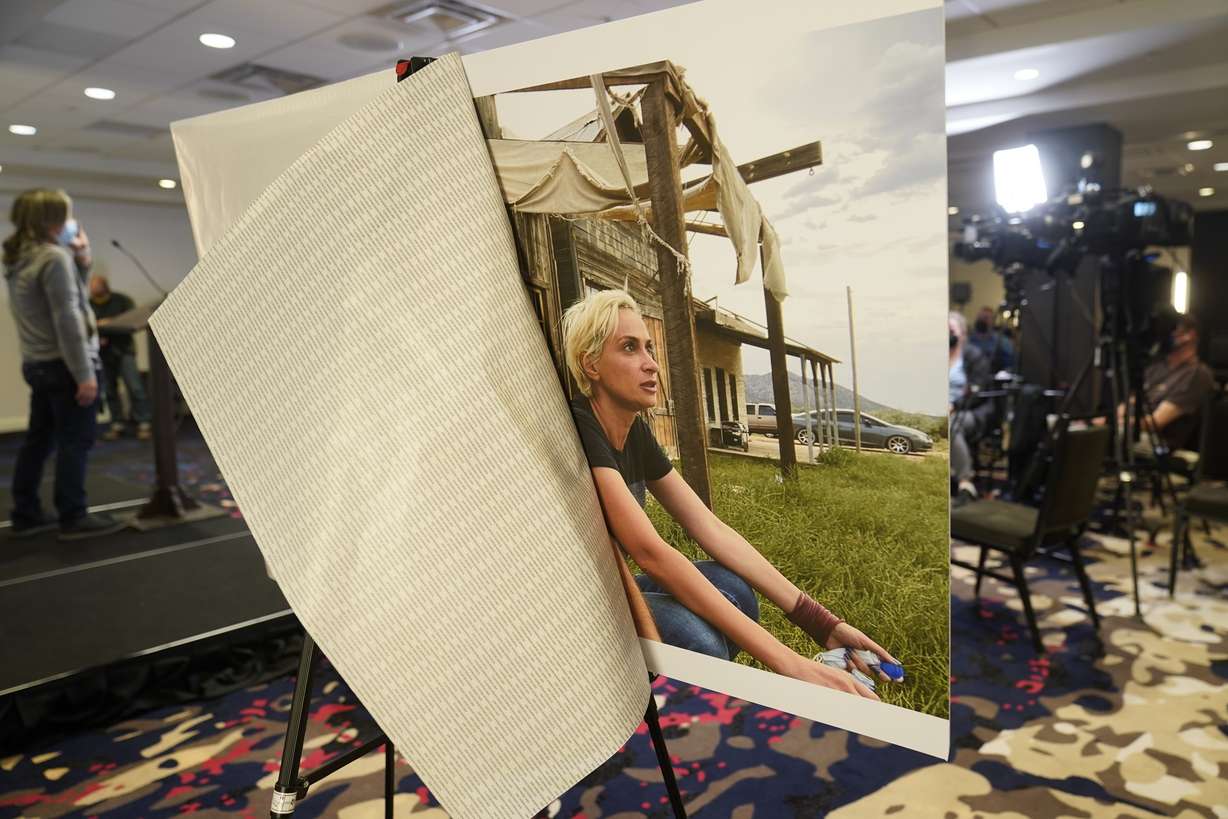 A photo of cinematographer Helyna Hutchins is displayed before a news conference by attorney Gary Dordick and his client Serge Svetnoy, chief of lighting on the "Rust' film set, to announce a lawsuit against Alec Baldwin and others in Beverly Hills, Calif., on Nov. 10.